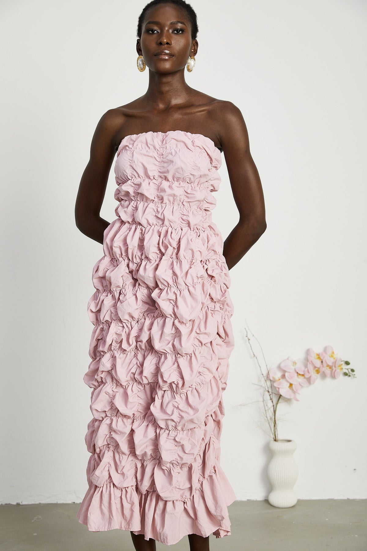 Aurore puffed pleated midi dress - Pink