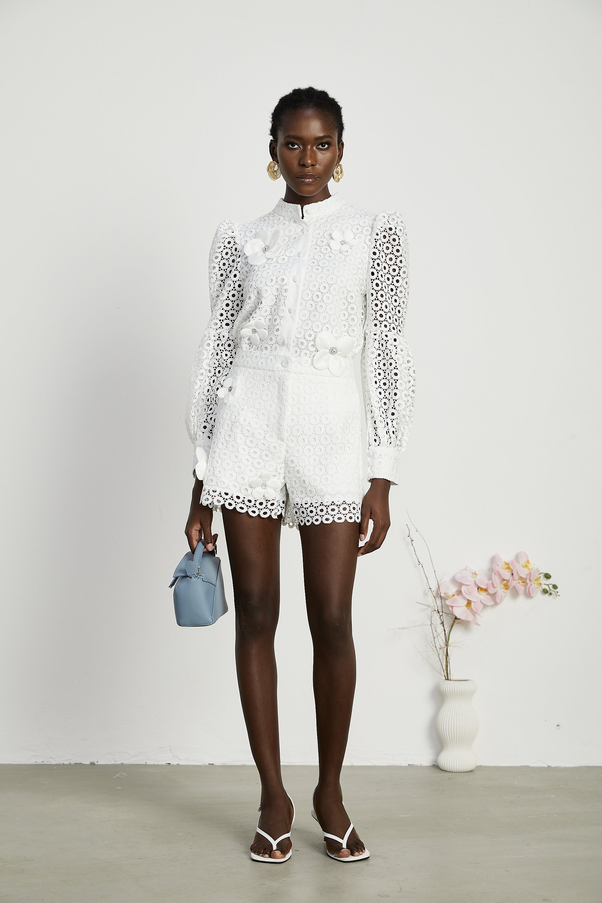 Calla faux-flower cut-out blouse & shorts matching set (Final Sale)