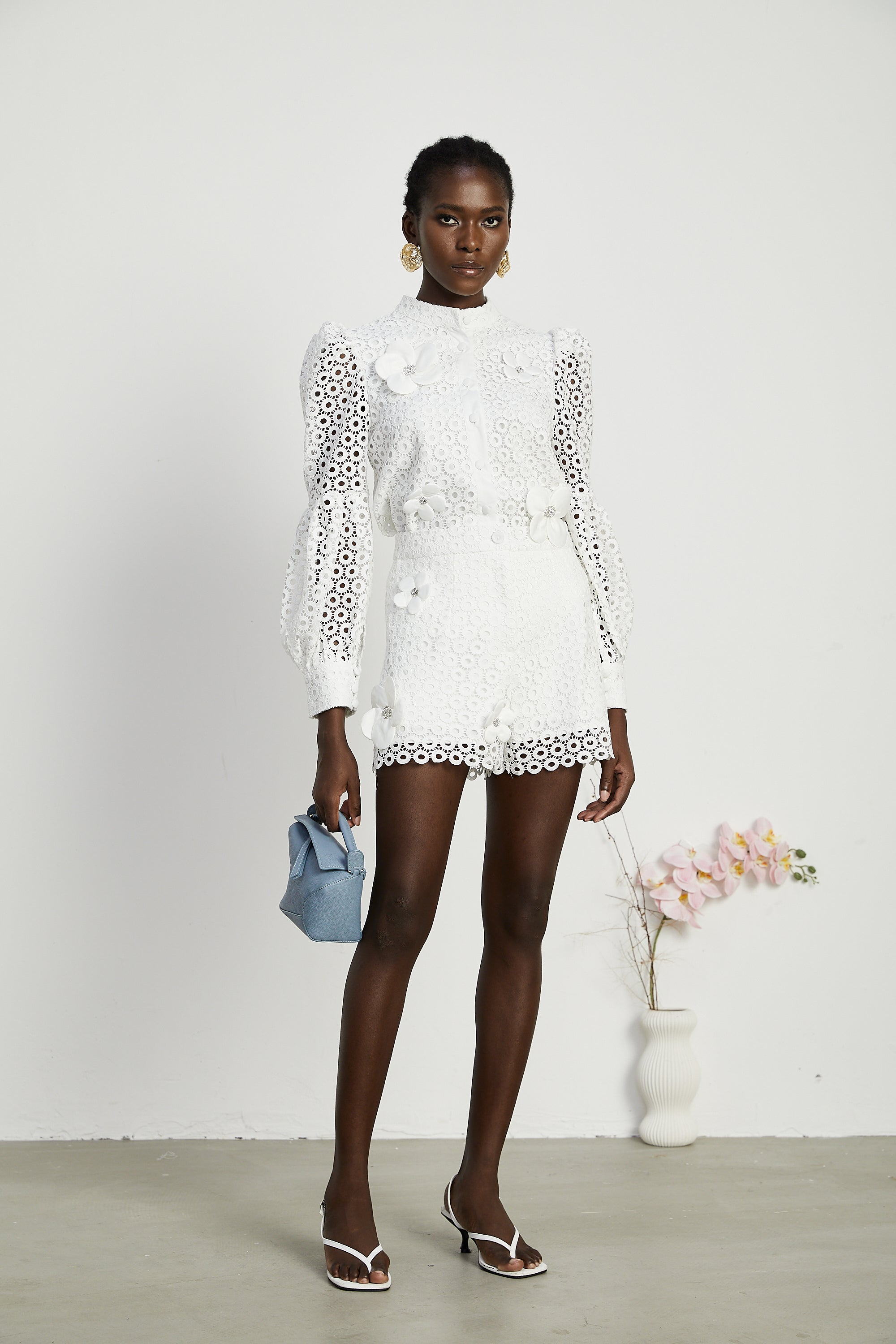 Calla faux-flower cut-out blouse & shorts matching set (Final Sale)