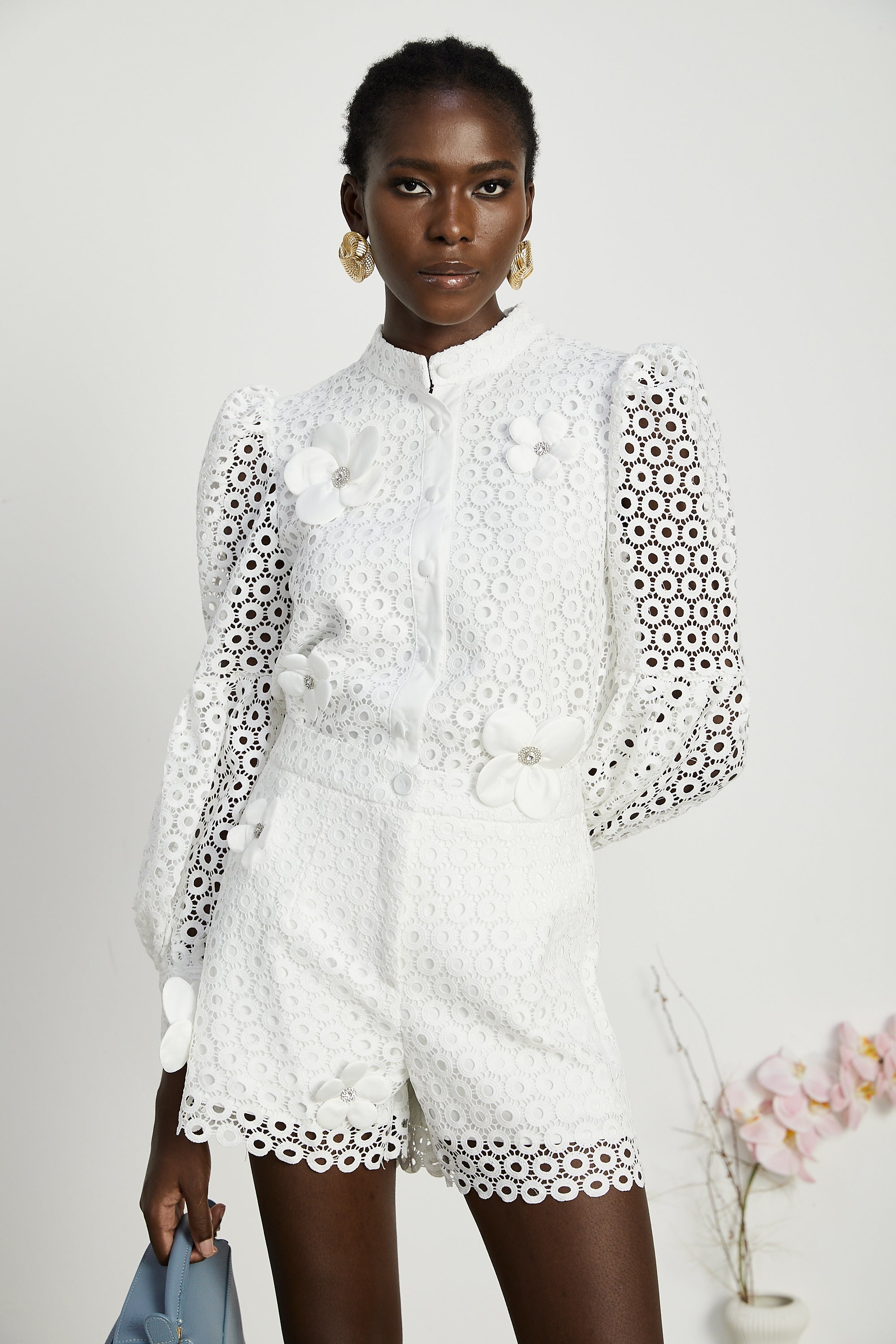 Calla faux-flower cut-out blouse & shorts matching set (Final Sale)