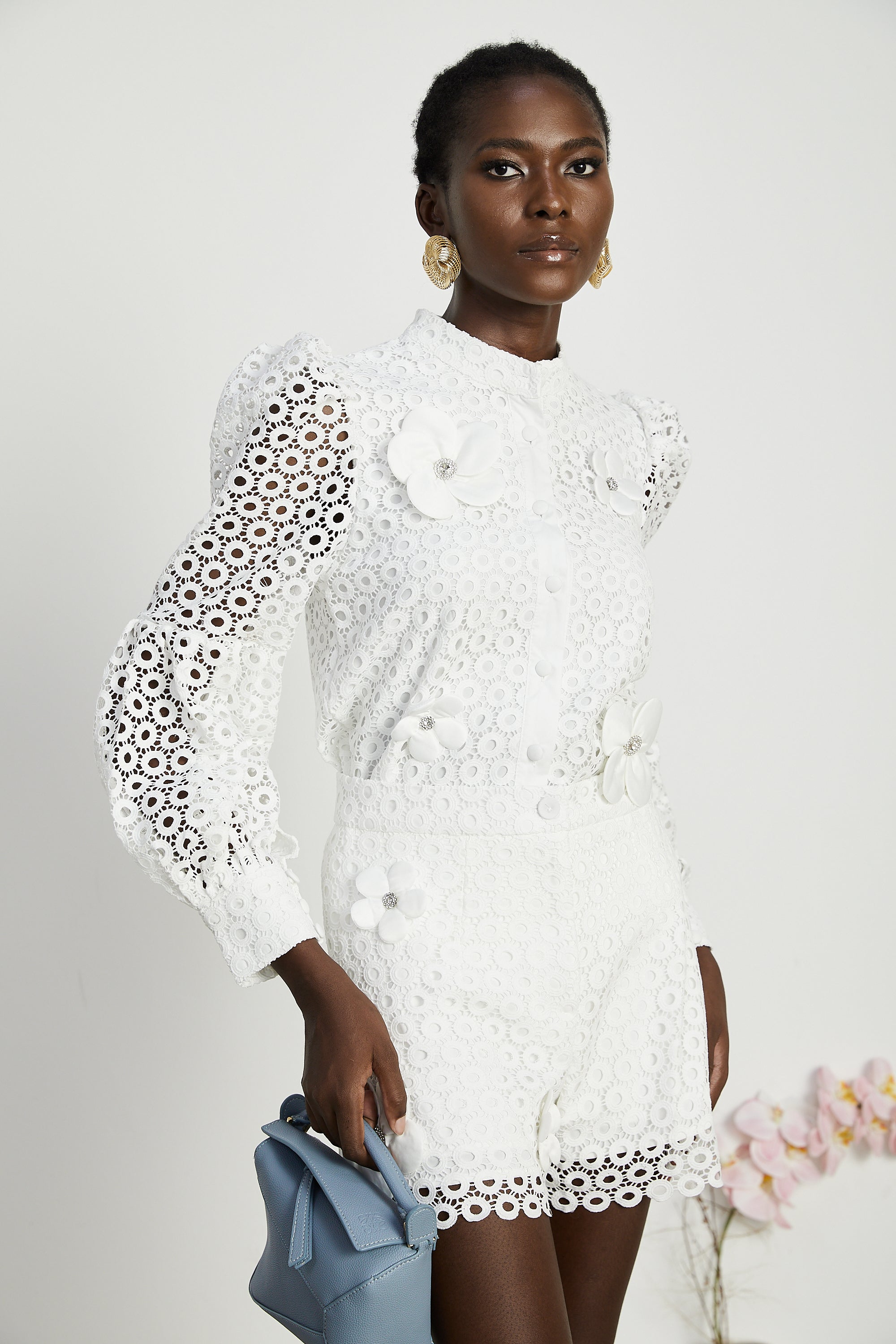 Calla faux-flower cut-out blouse & shorts matching set (Final Sale-US Only)