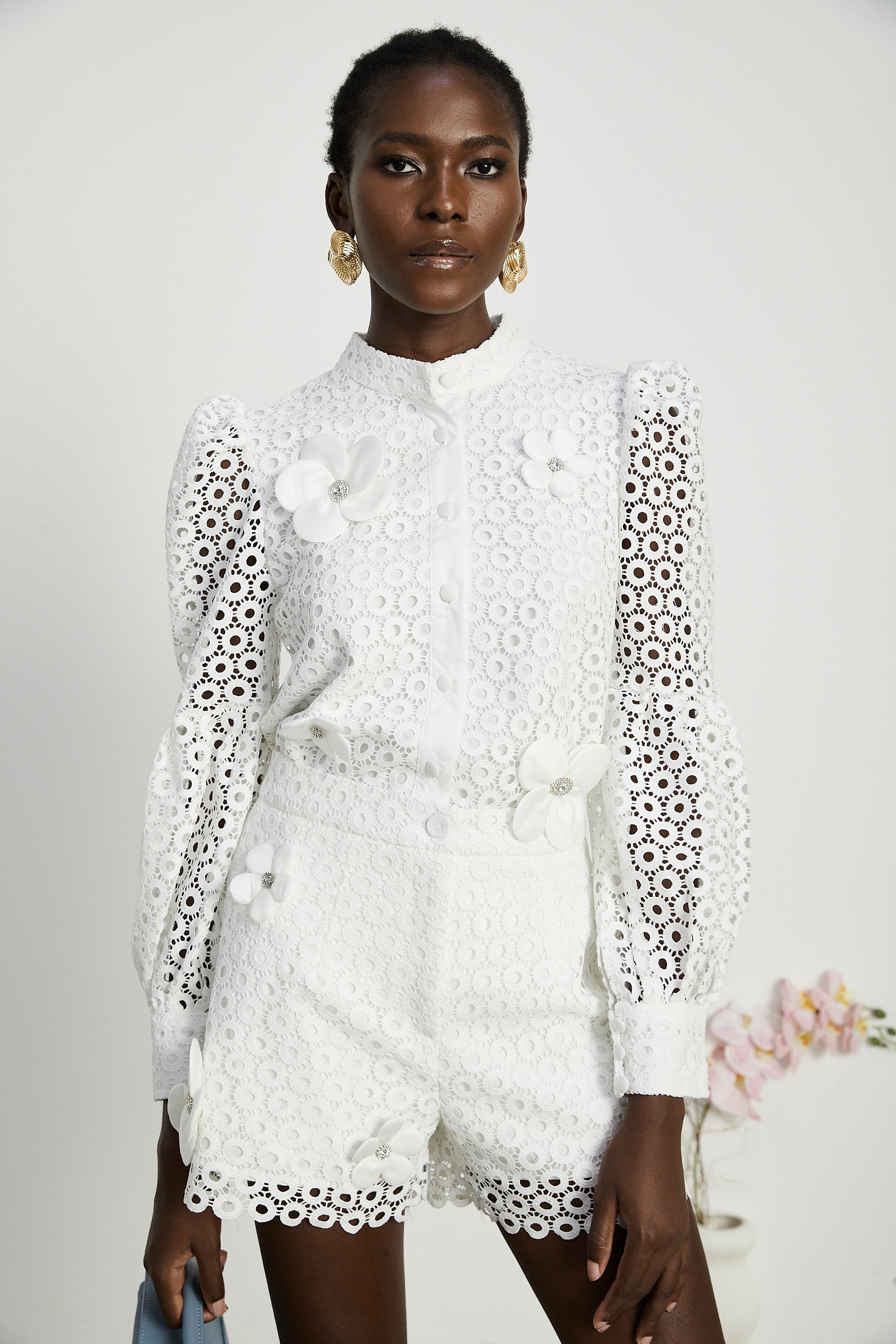 Calla faux-flower cut-out blouse & shorts matching set (Final Sale)