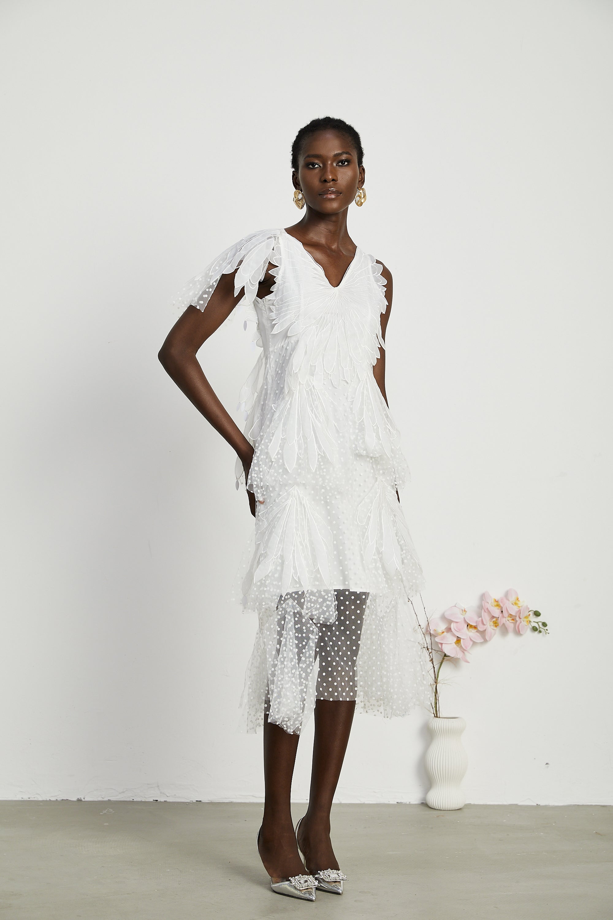 Solène faux-feather pleated midi dress