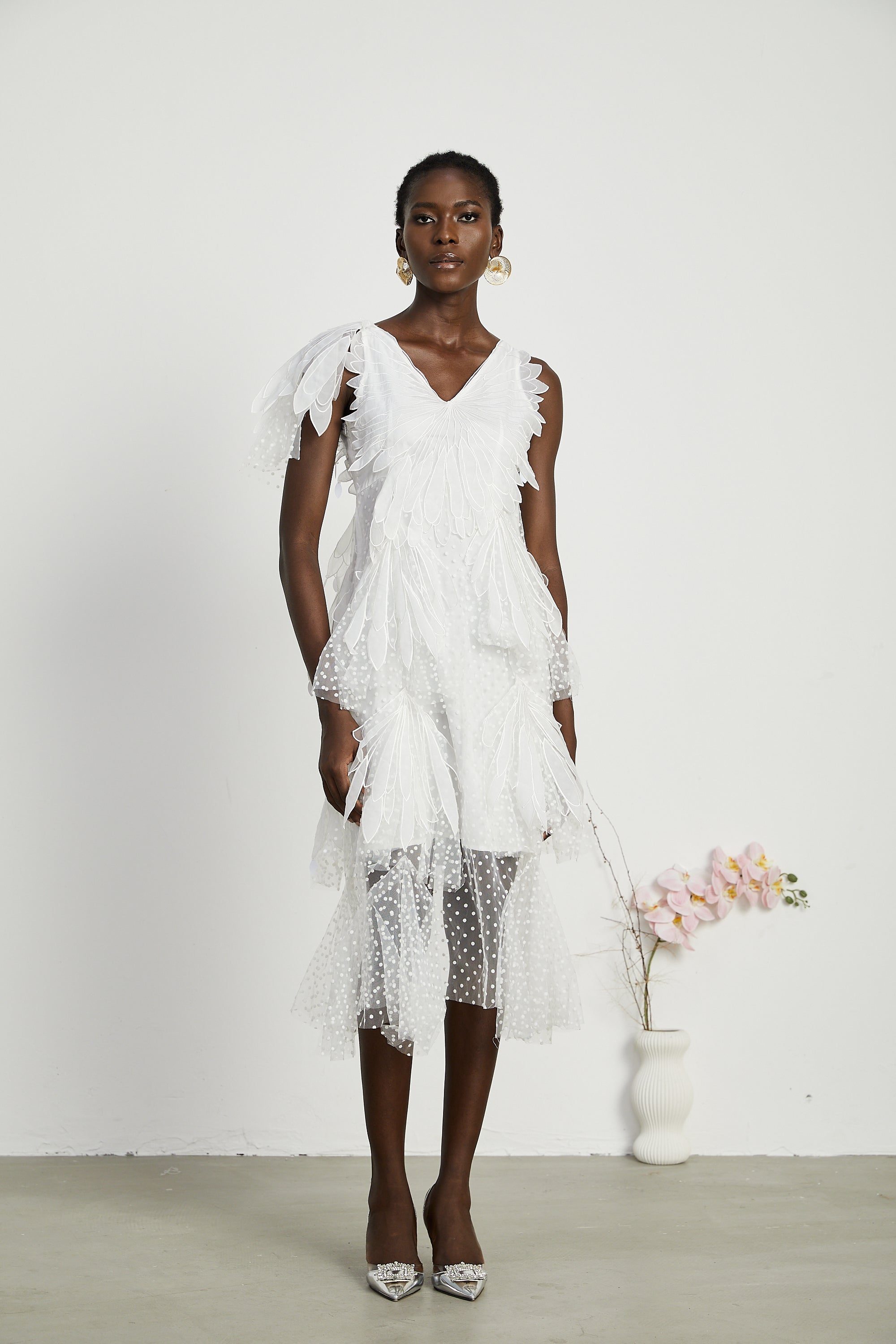 Solène faux-feather pleated midi dress