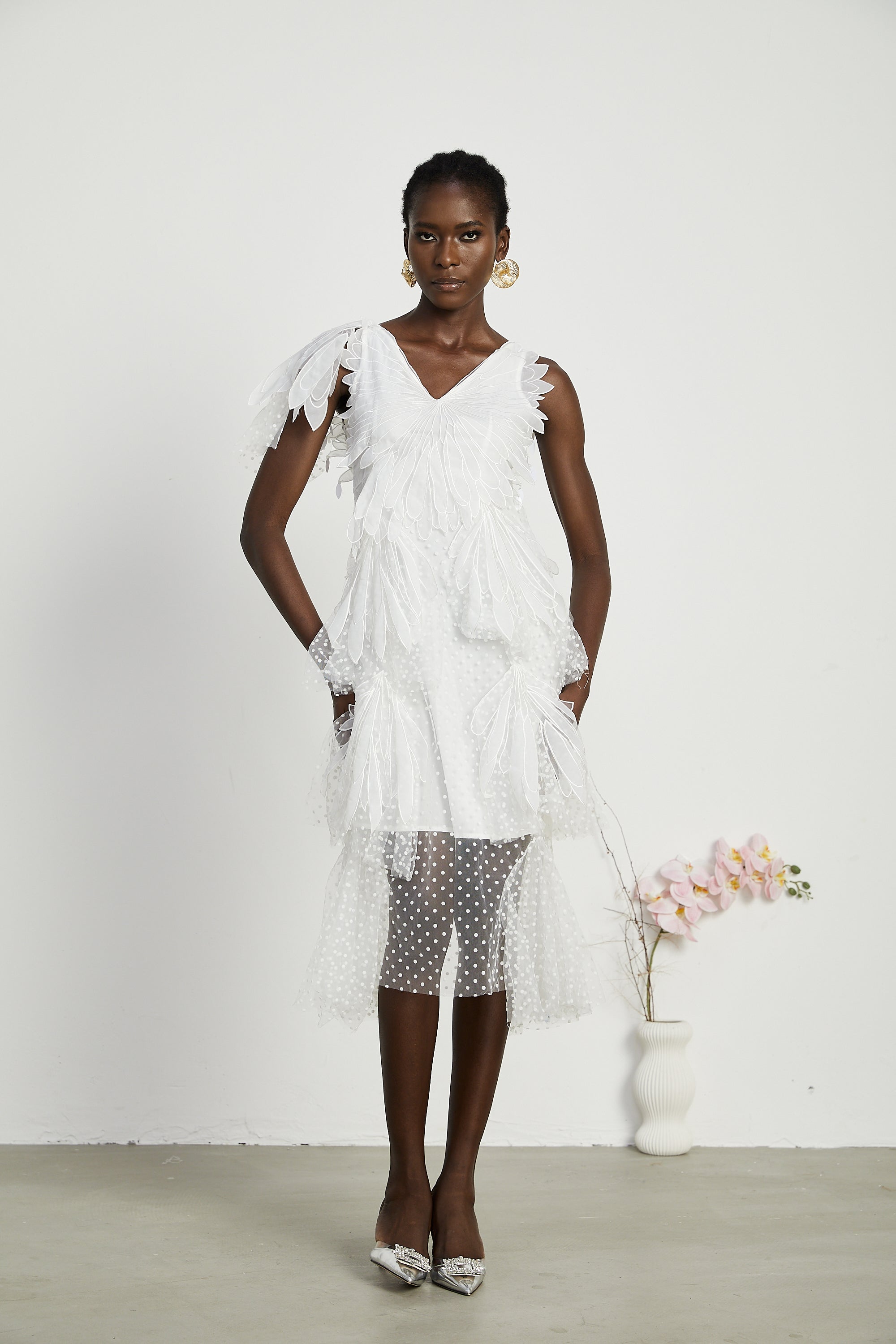 Solène faux-feather pleated midi dress