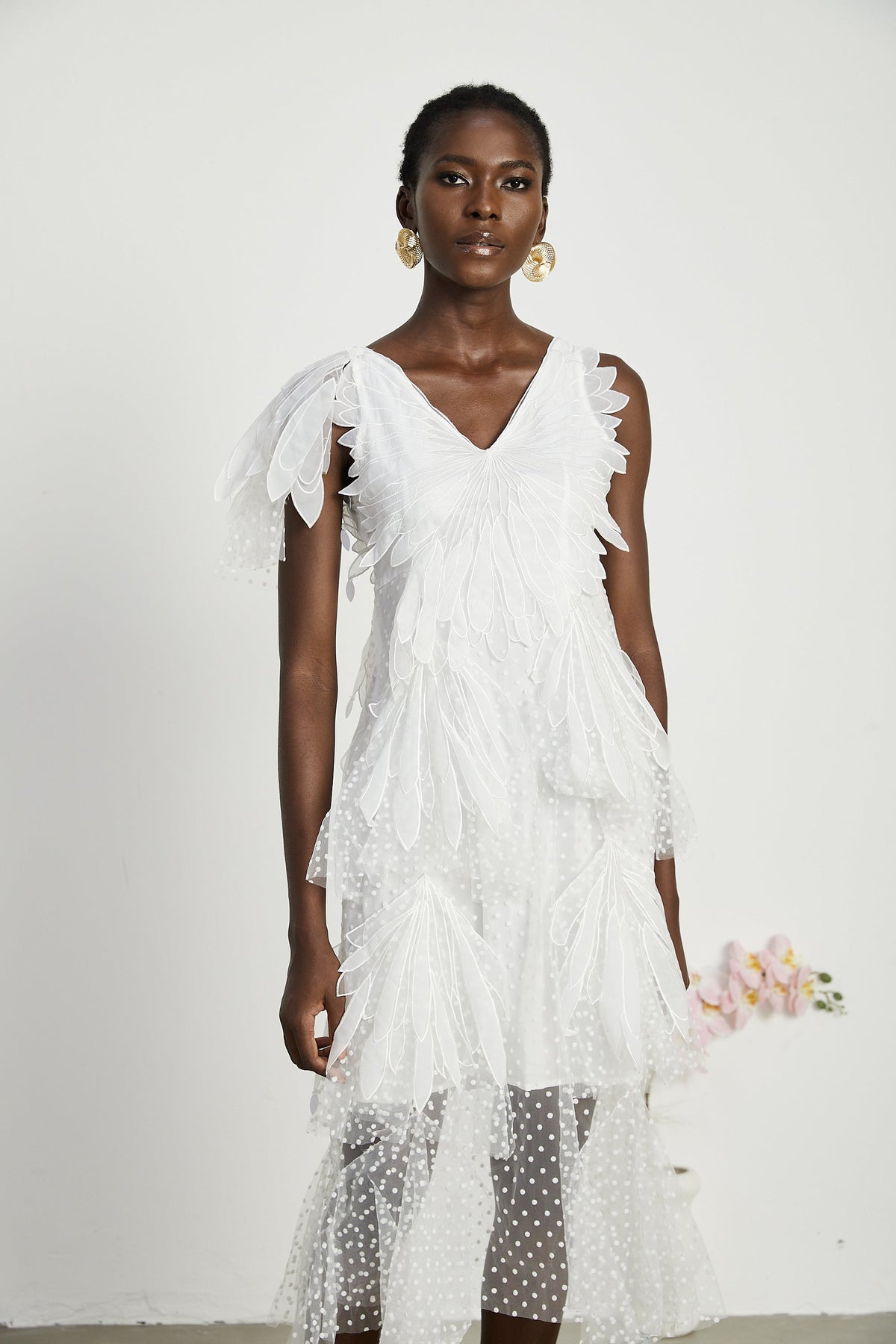 Solène faux-feather pleated midi dress
