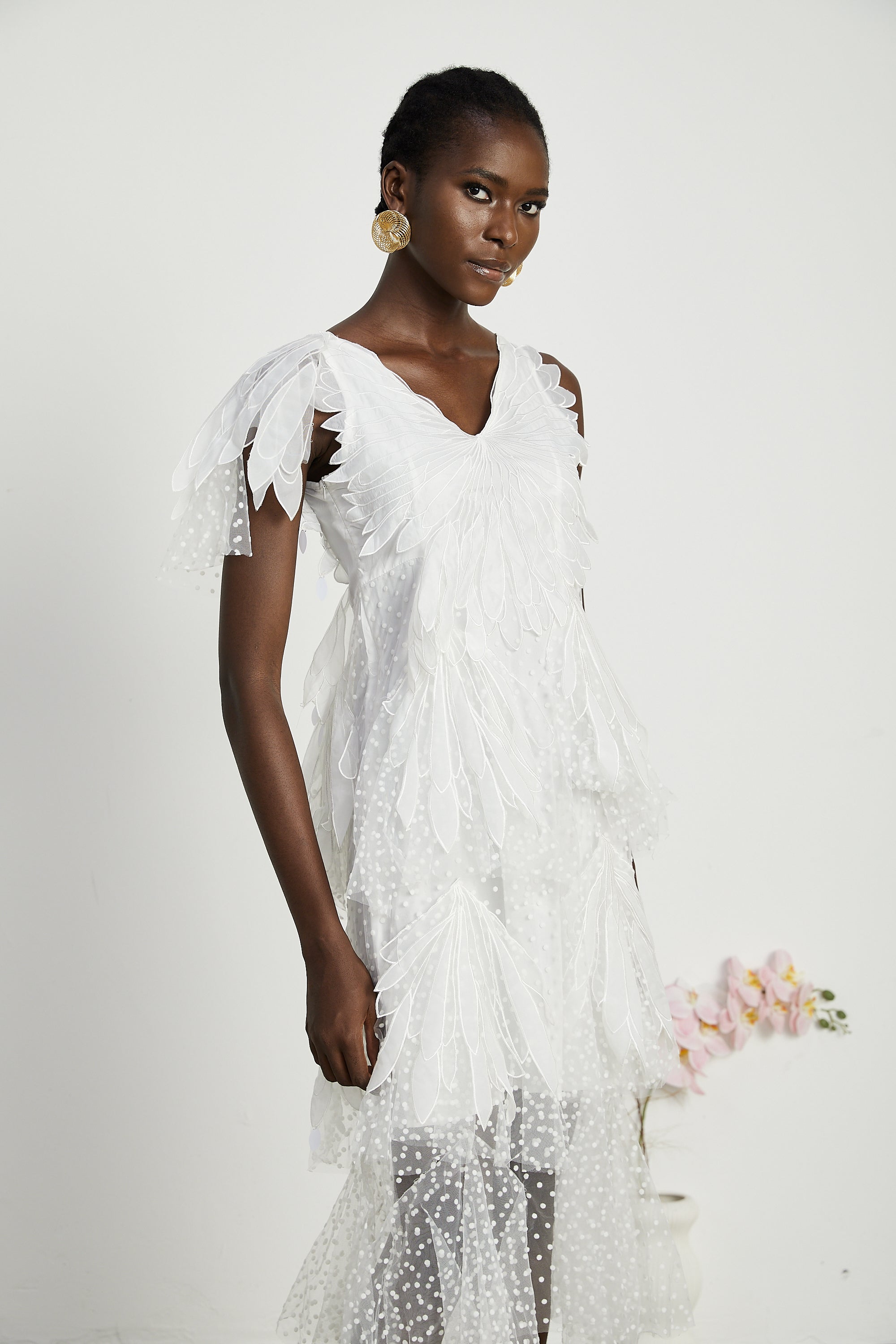 Solène faux-feather pleated midi dress