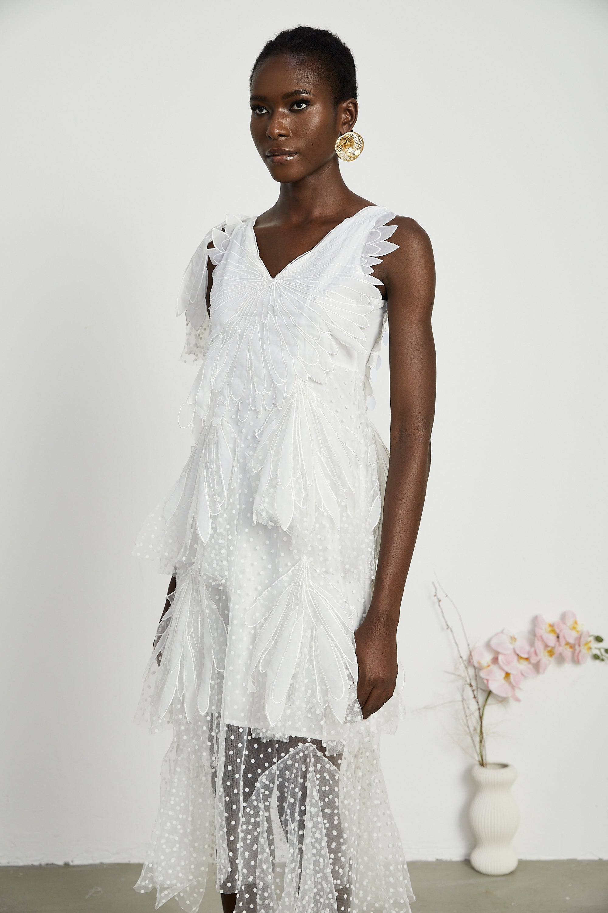 Solène faux-feather pleated midi dress