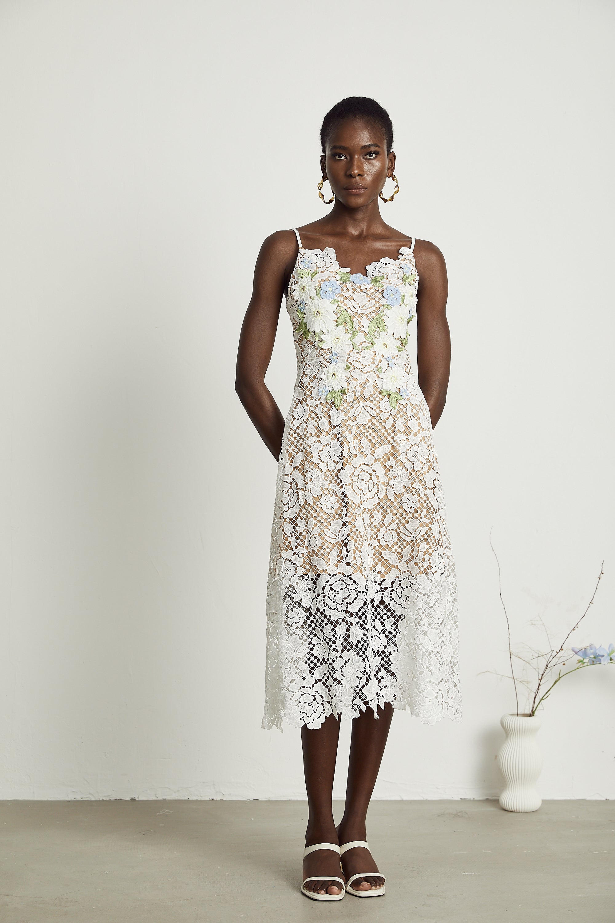 Hermine faux-floral embellished semi-sheer midi dress (US Only)