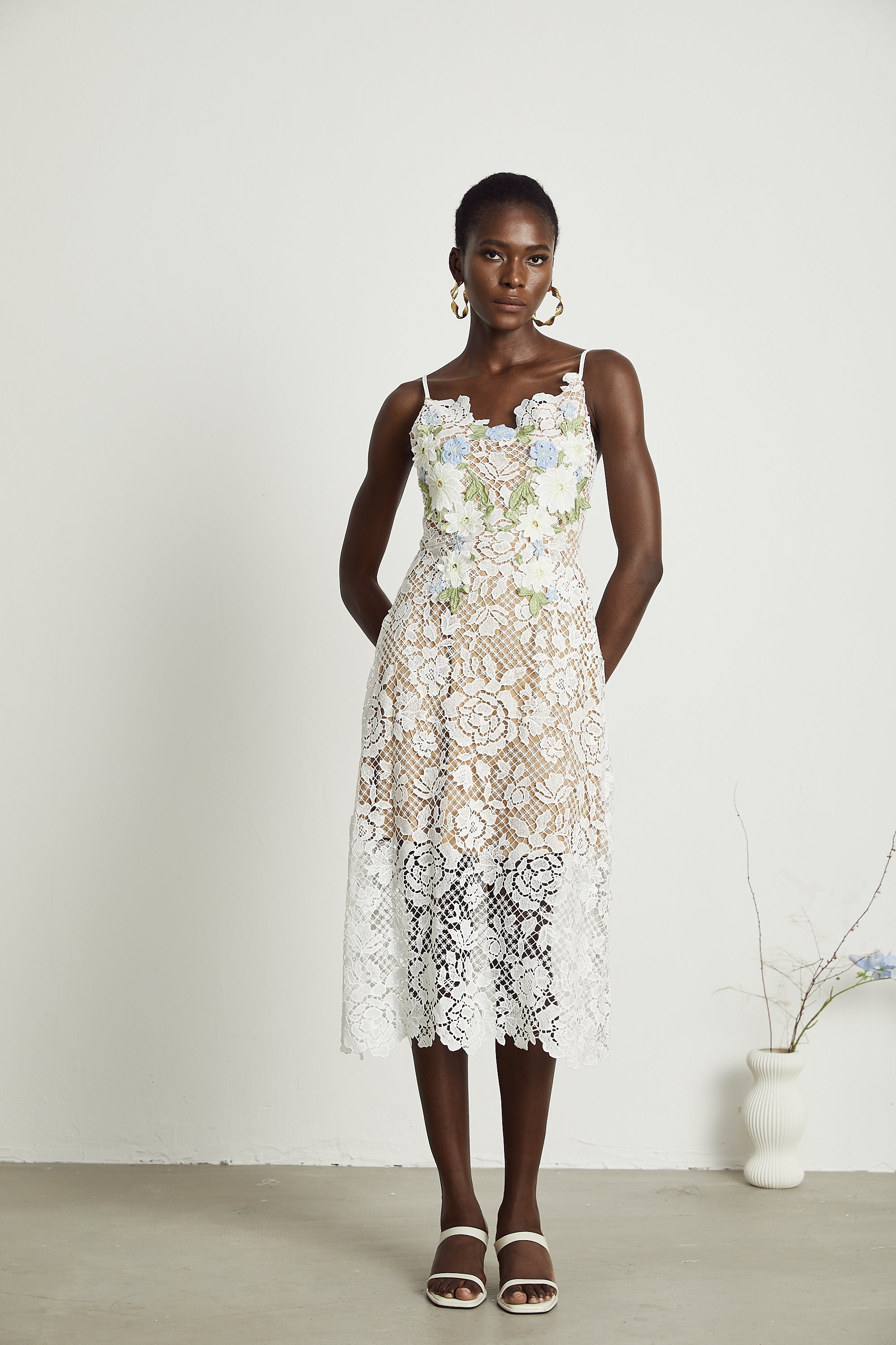 Hermine faux-floral embellished semi-sheer midi dress (US Only)