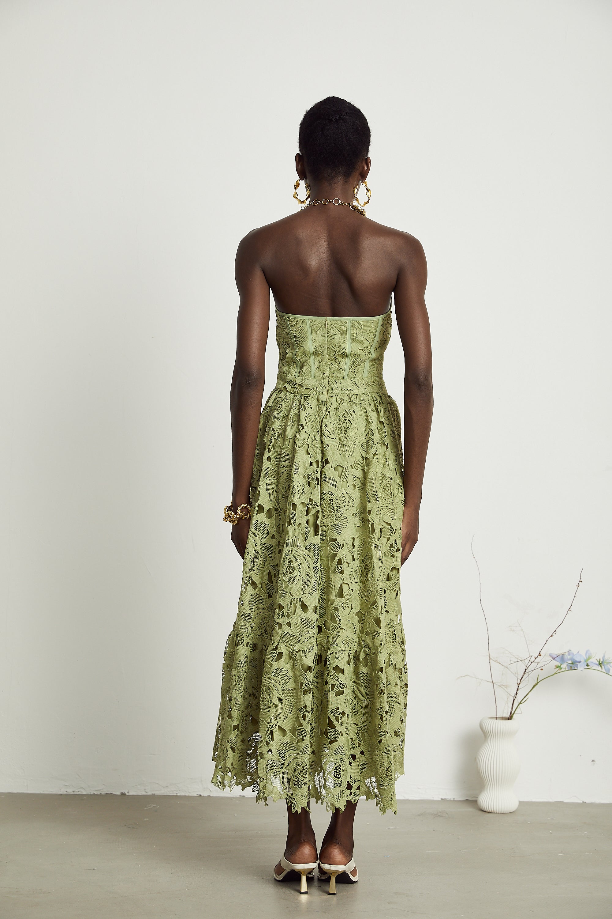 Inès lace floral embroidered cut-out midi dress in Green (Final Sale-US Only)