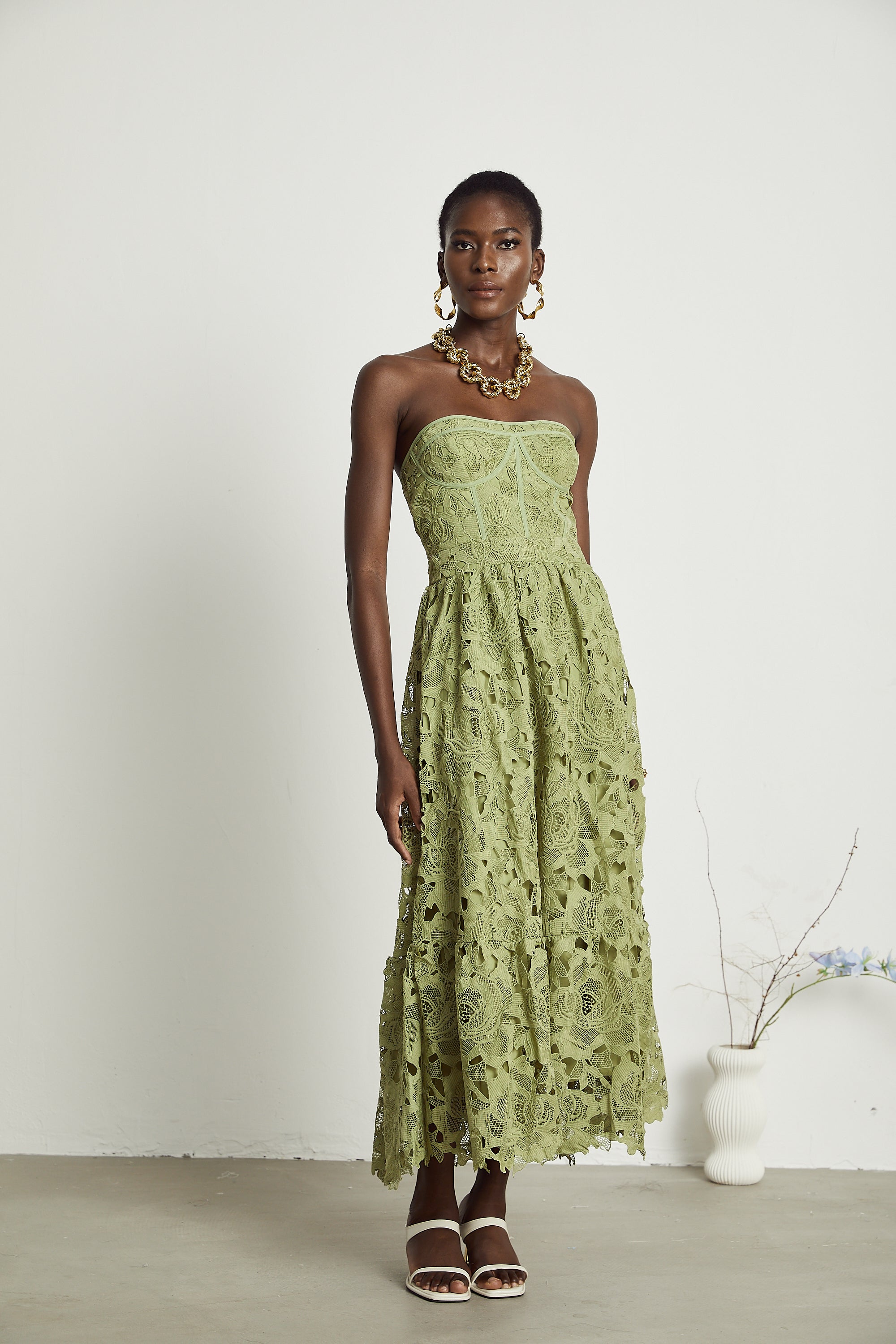 Inès lace floral embroidered cut-out midi dress in Green (Final Sale-US Only)