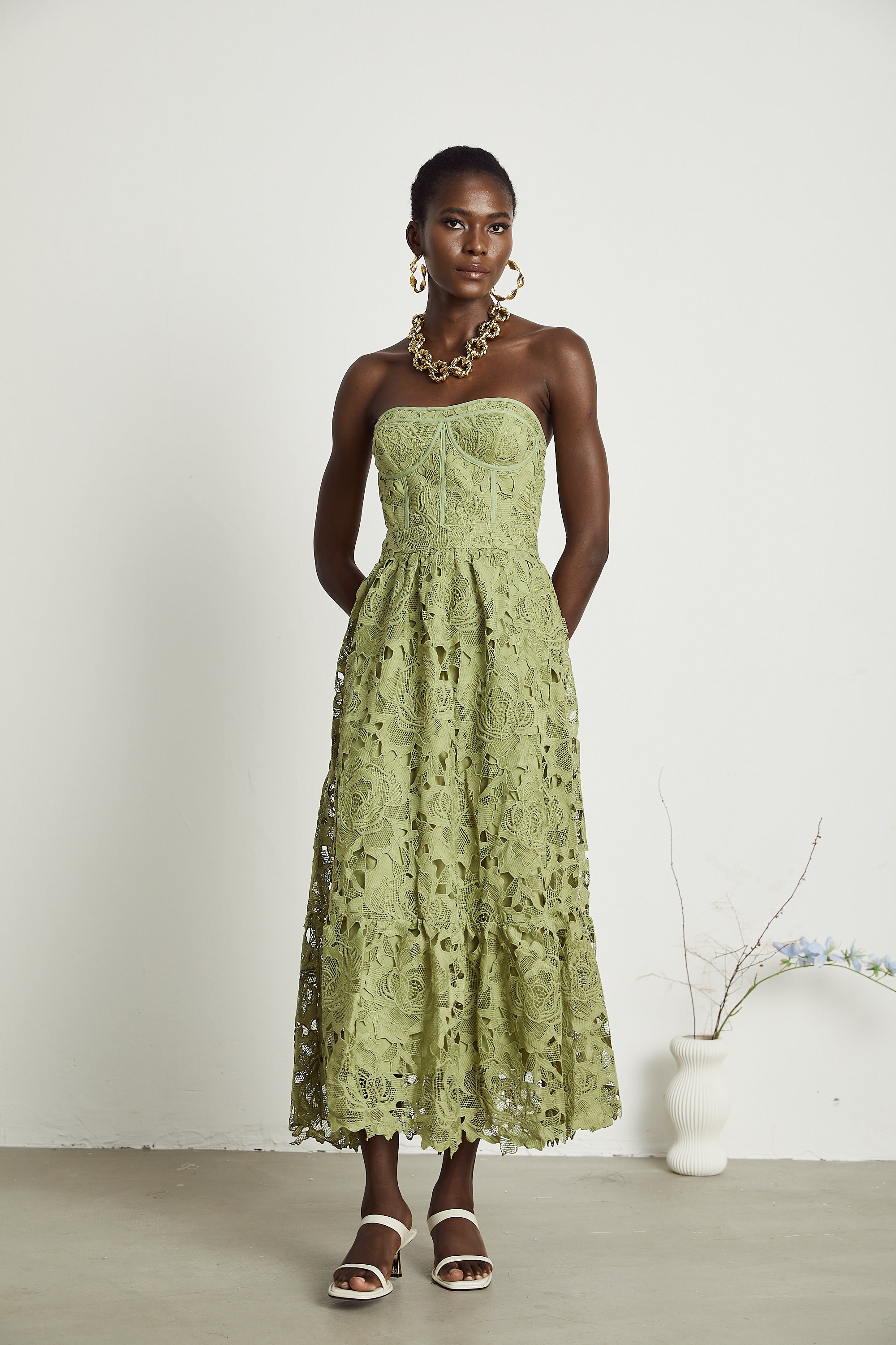 Inès lace floral embroidered cut-out midi dress in Green (Final Sale-US Only)