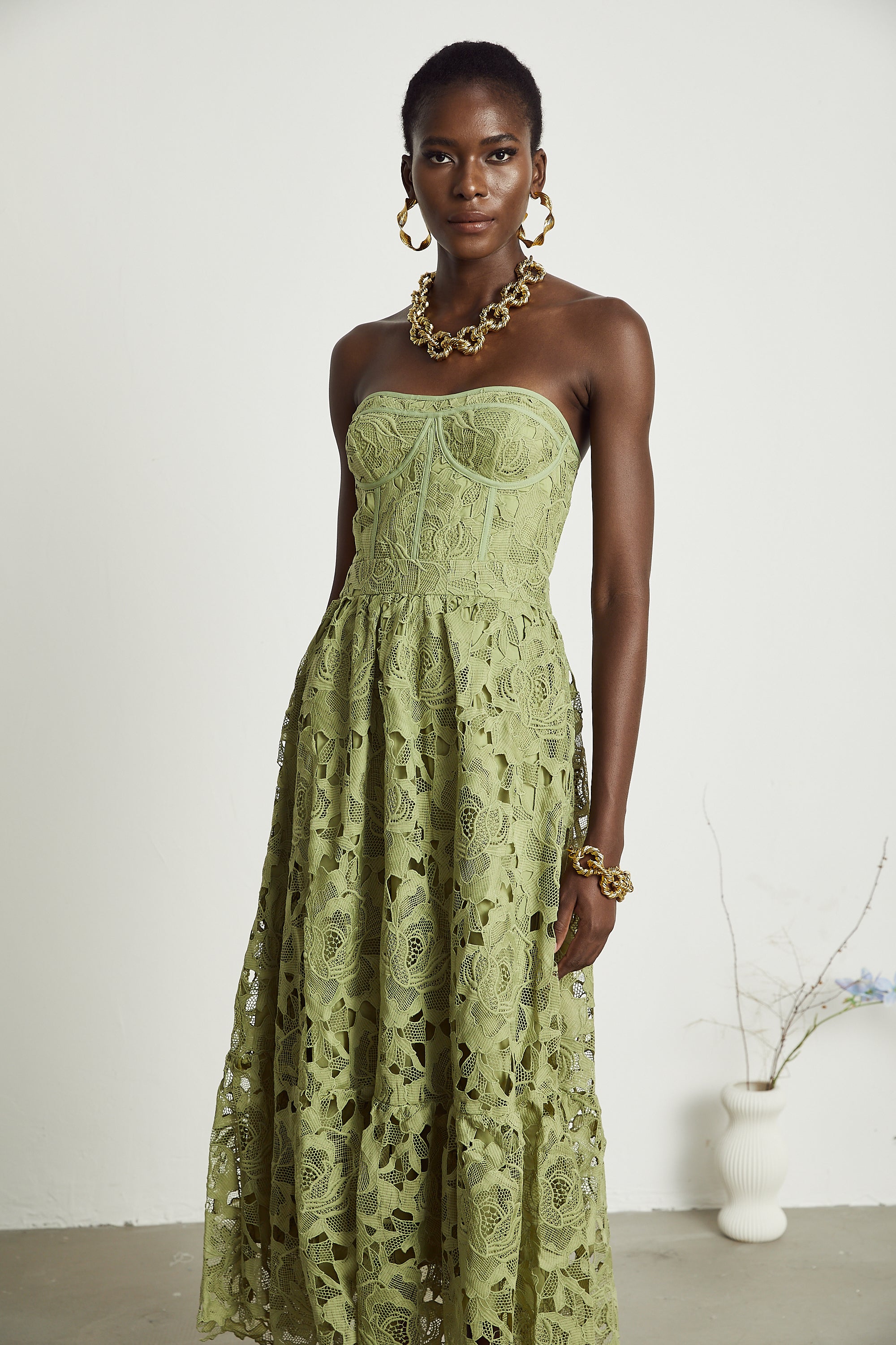 Inès lace floral embroidered cut-out midi dress in Green (Final Sale-US Only)