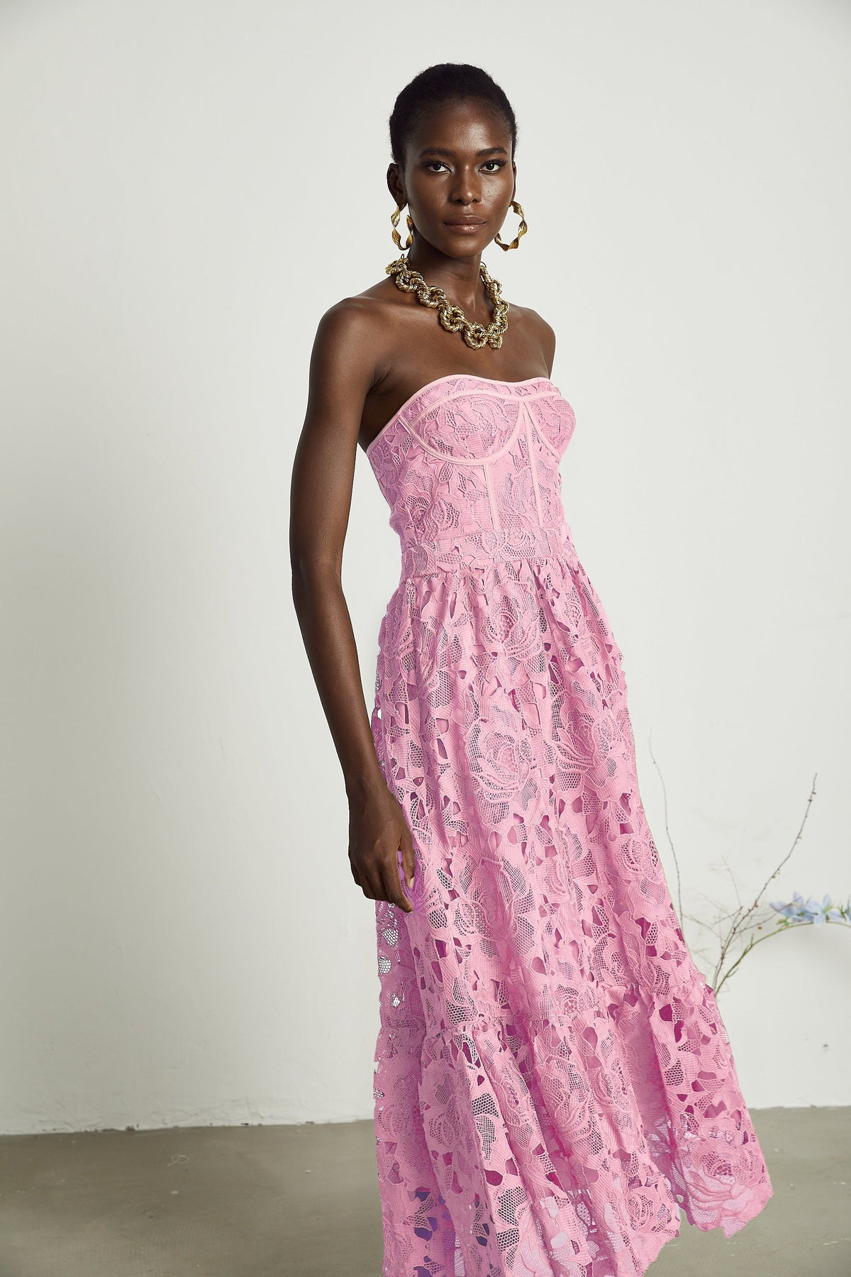 Inès lace floral embroidered cut-out midi dress in Pink