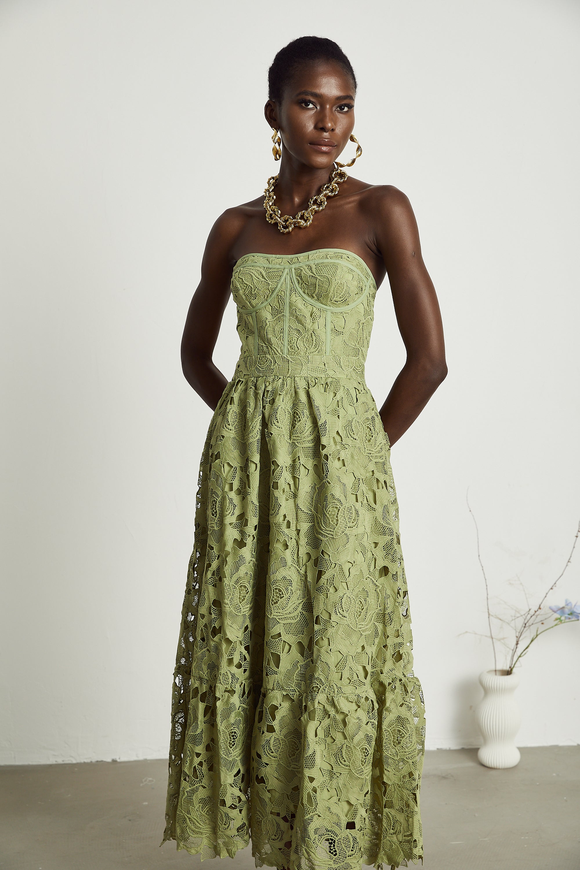 Inès lace floral embroidered cut-out midi dress in Green (Final Sale-US Only)
