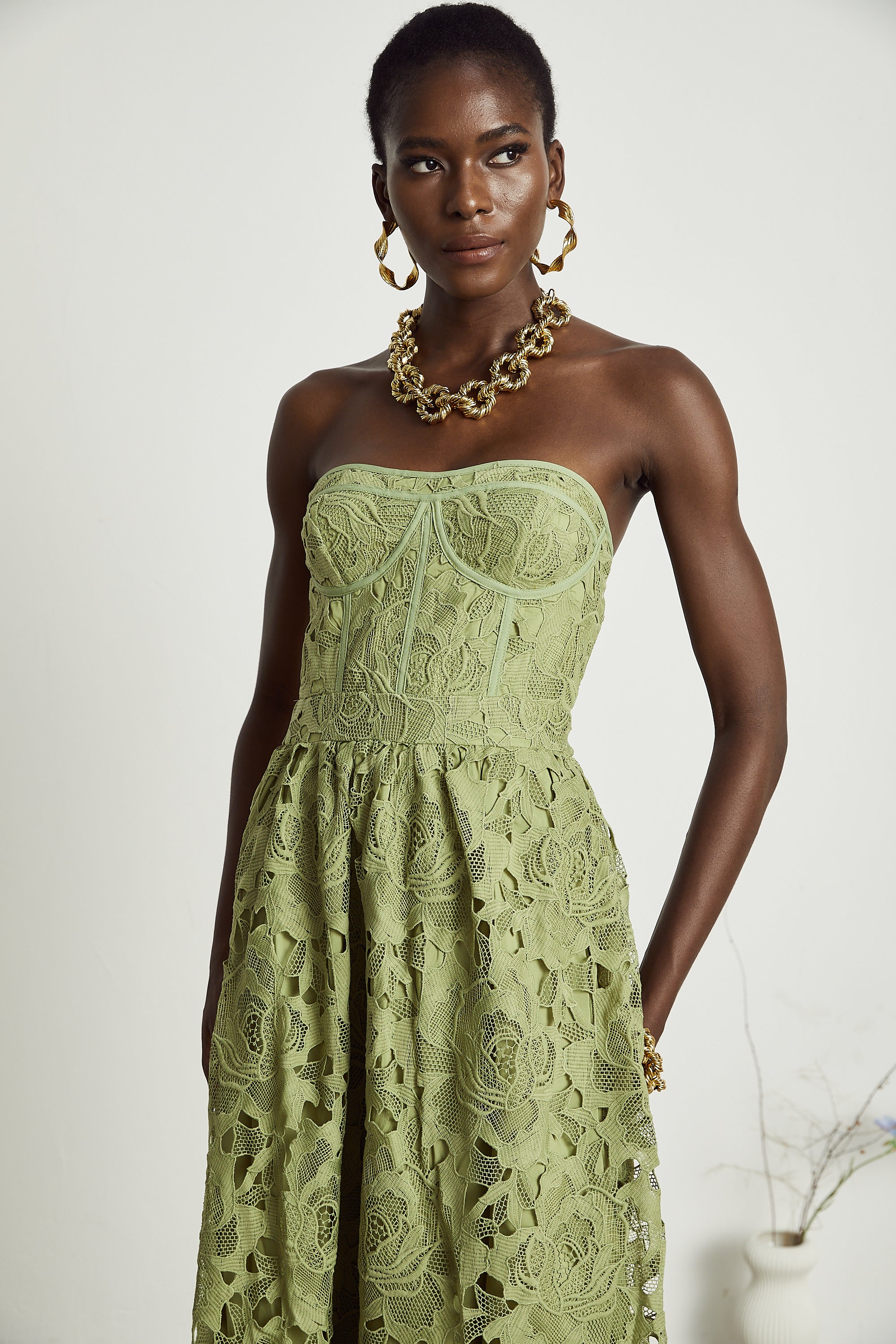 Inès lace floral embroidered cut-out midi dress in Green (Final Sale-US Only)
