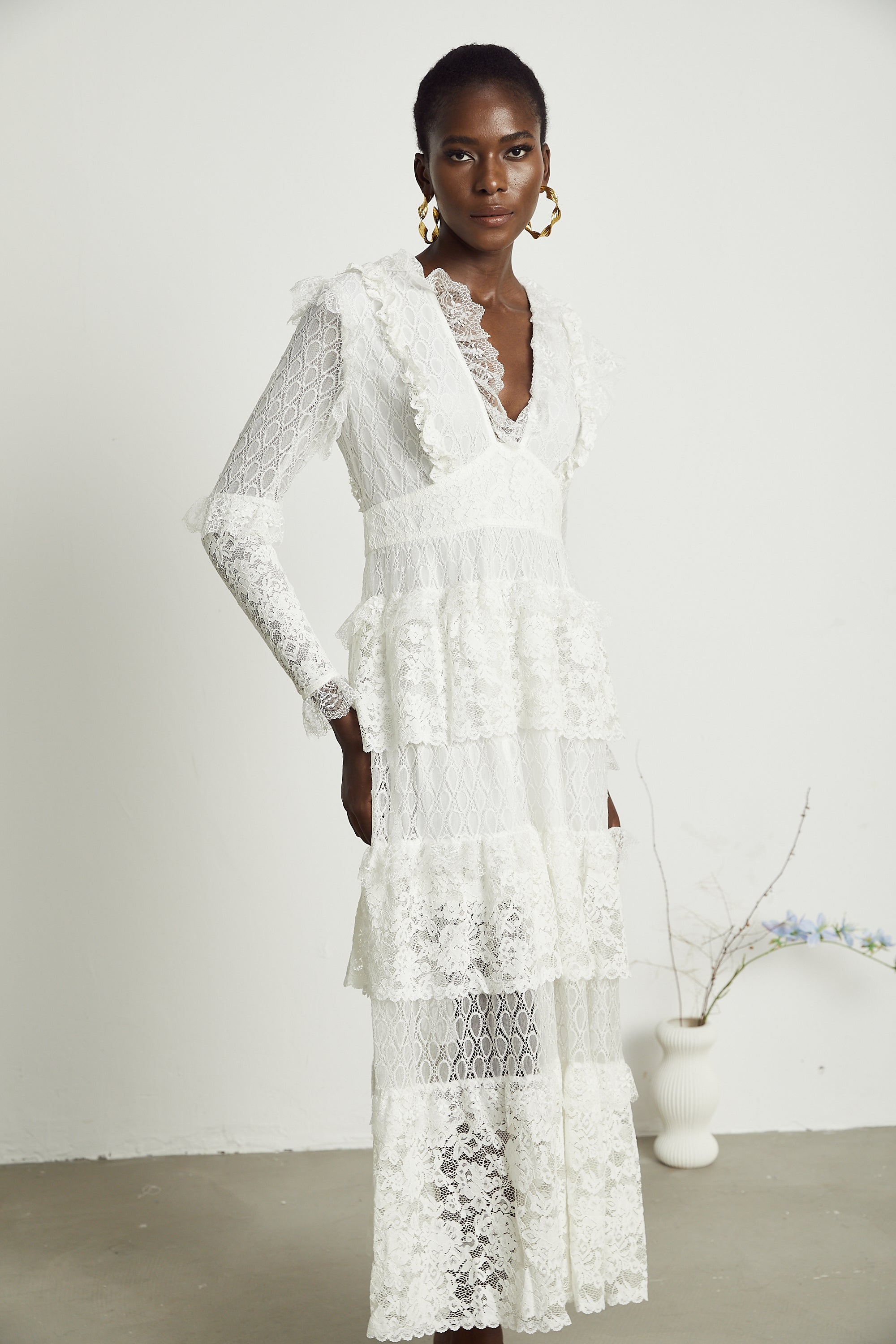 Aimée layered cut-out lace embroidered midi dress
