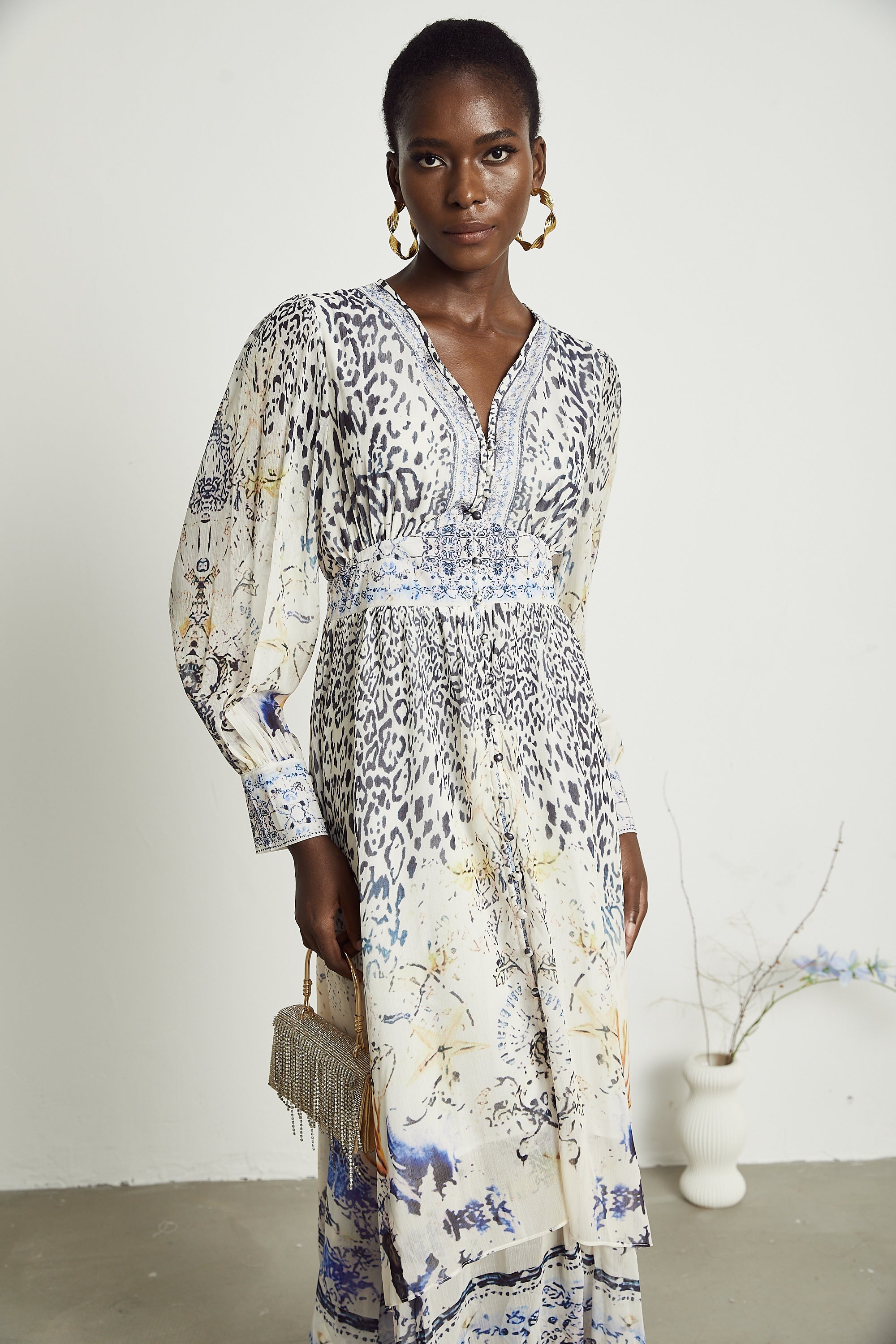 Elida button-front ruffled maxi dress