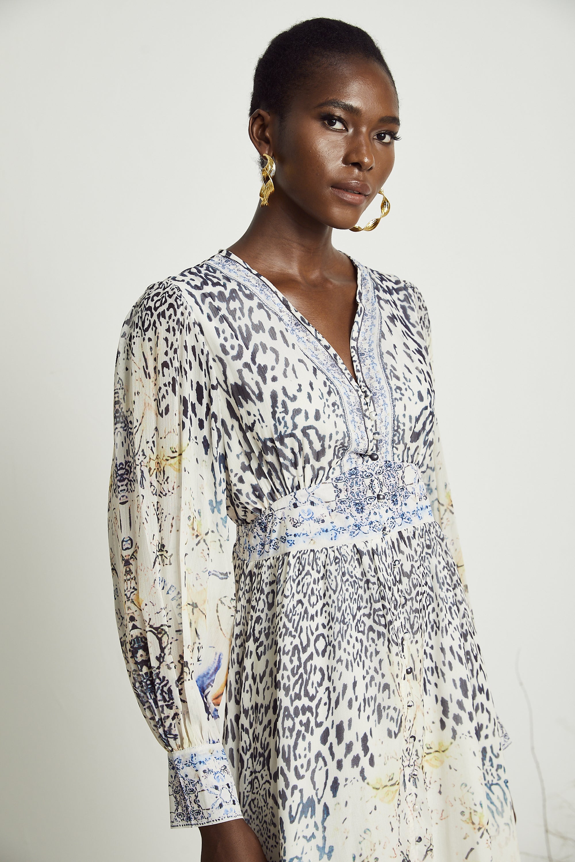 Elida button-front ruffled maxi dress