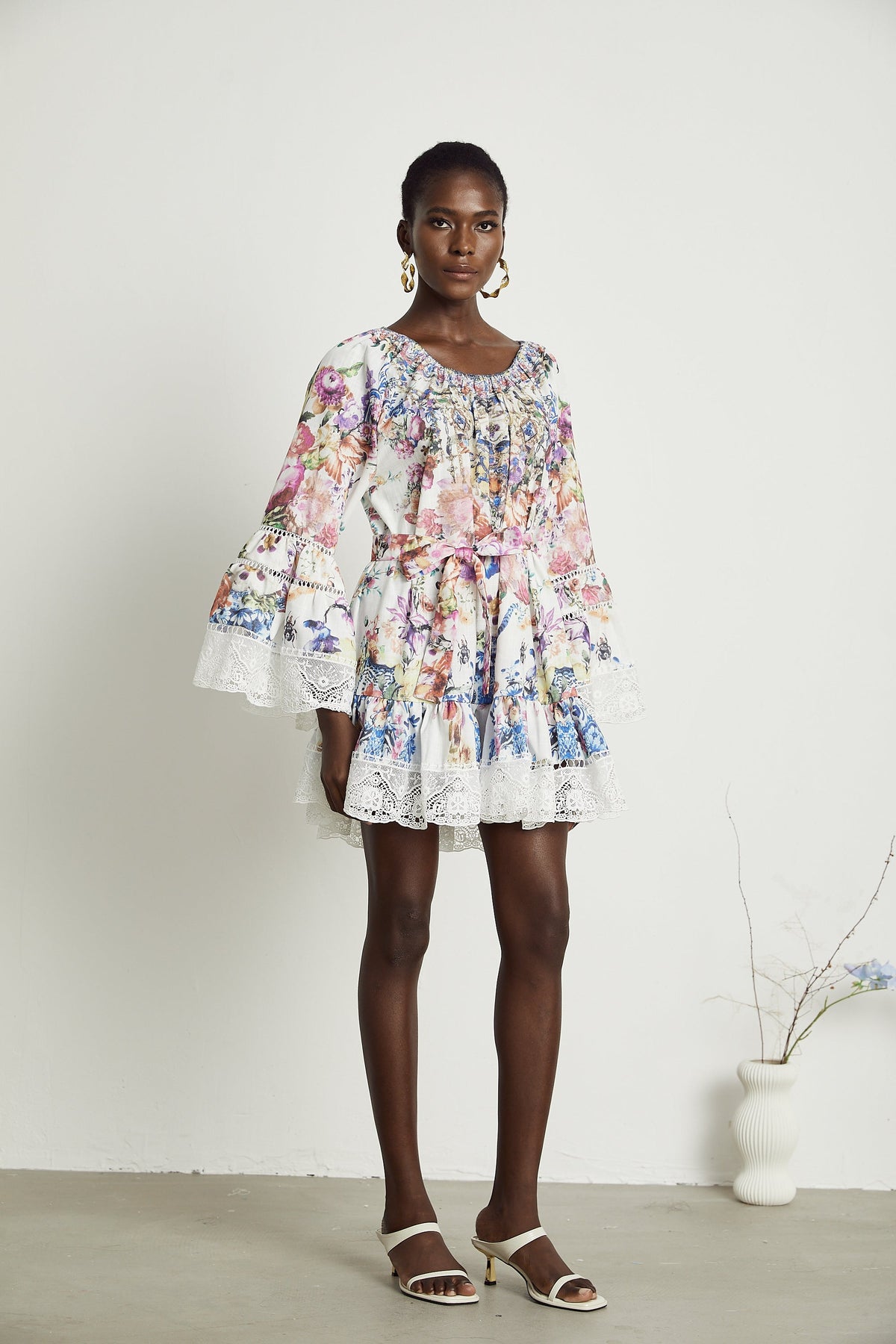Bérénice floral-print lace trim mini dress
