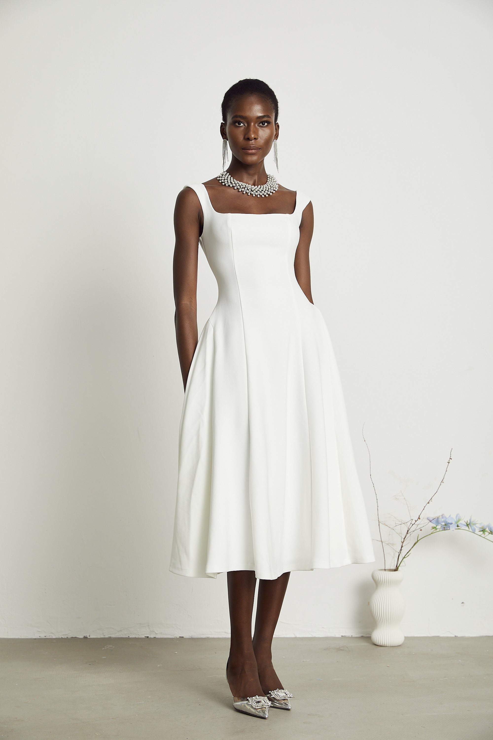 Thala white pleated flared midi dress (Final Sale-US Only)
