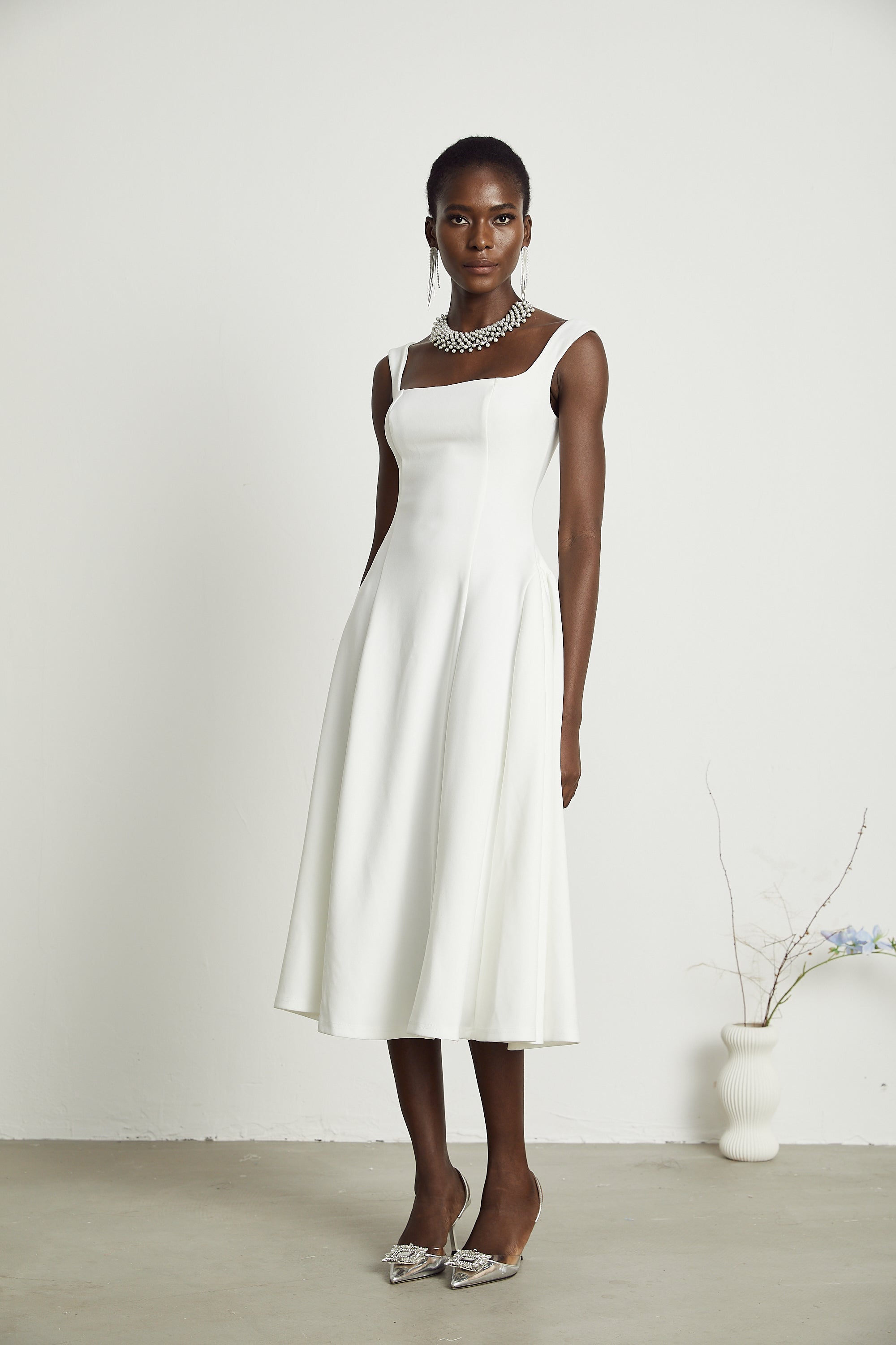 Thala white pleated flared midi dress (Final Sale-US Only)