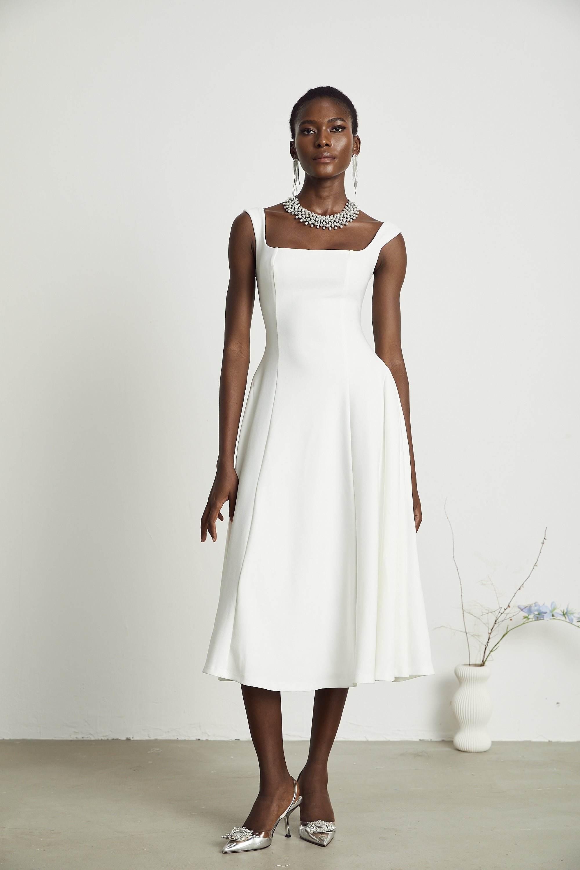 Thala white pleated flared midi dress (Final Sale-US Only)