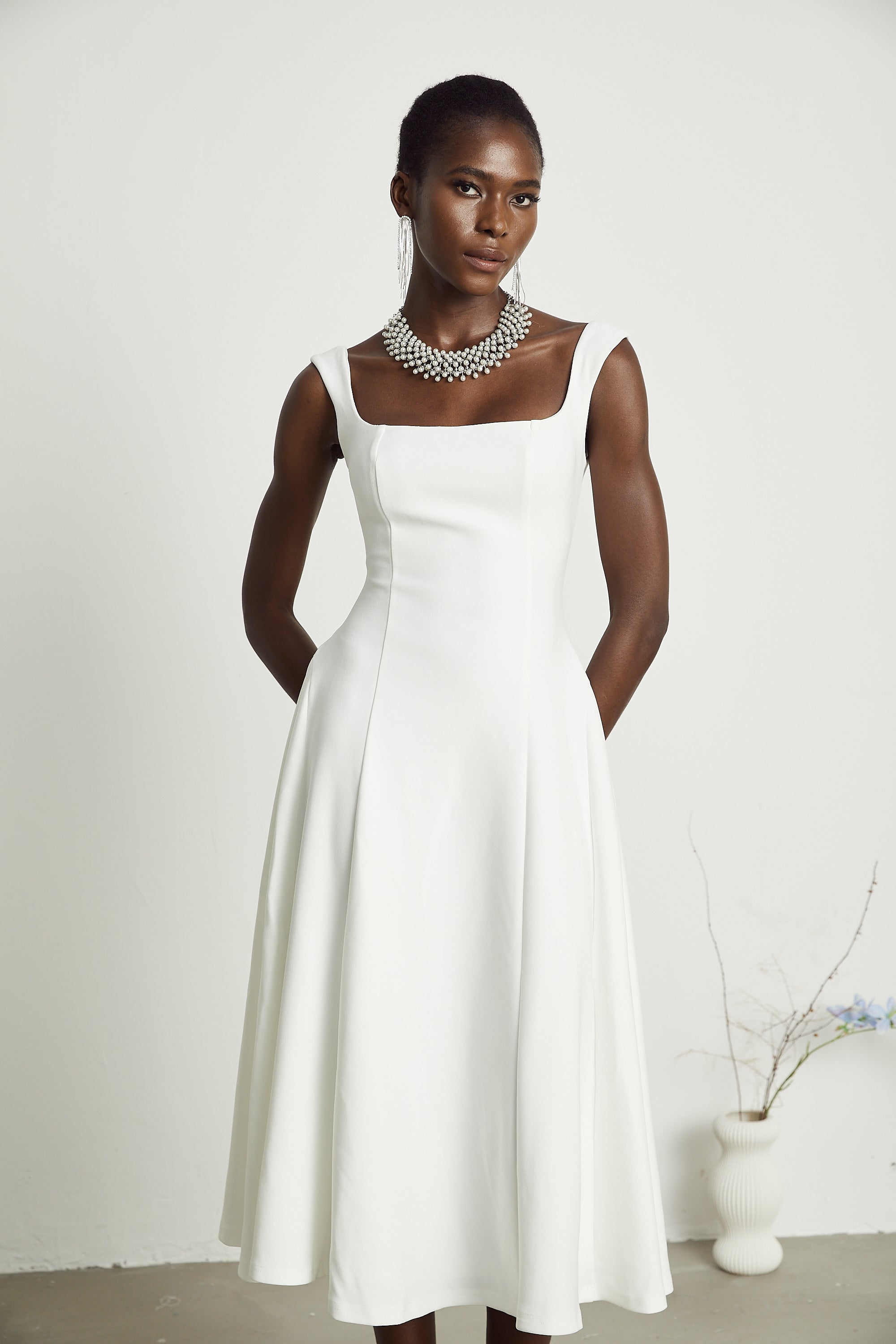 Thala white pleated flared midi dress (Final Sale-US Only)