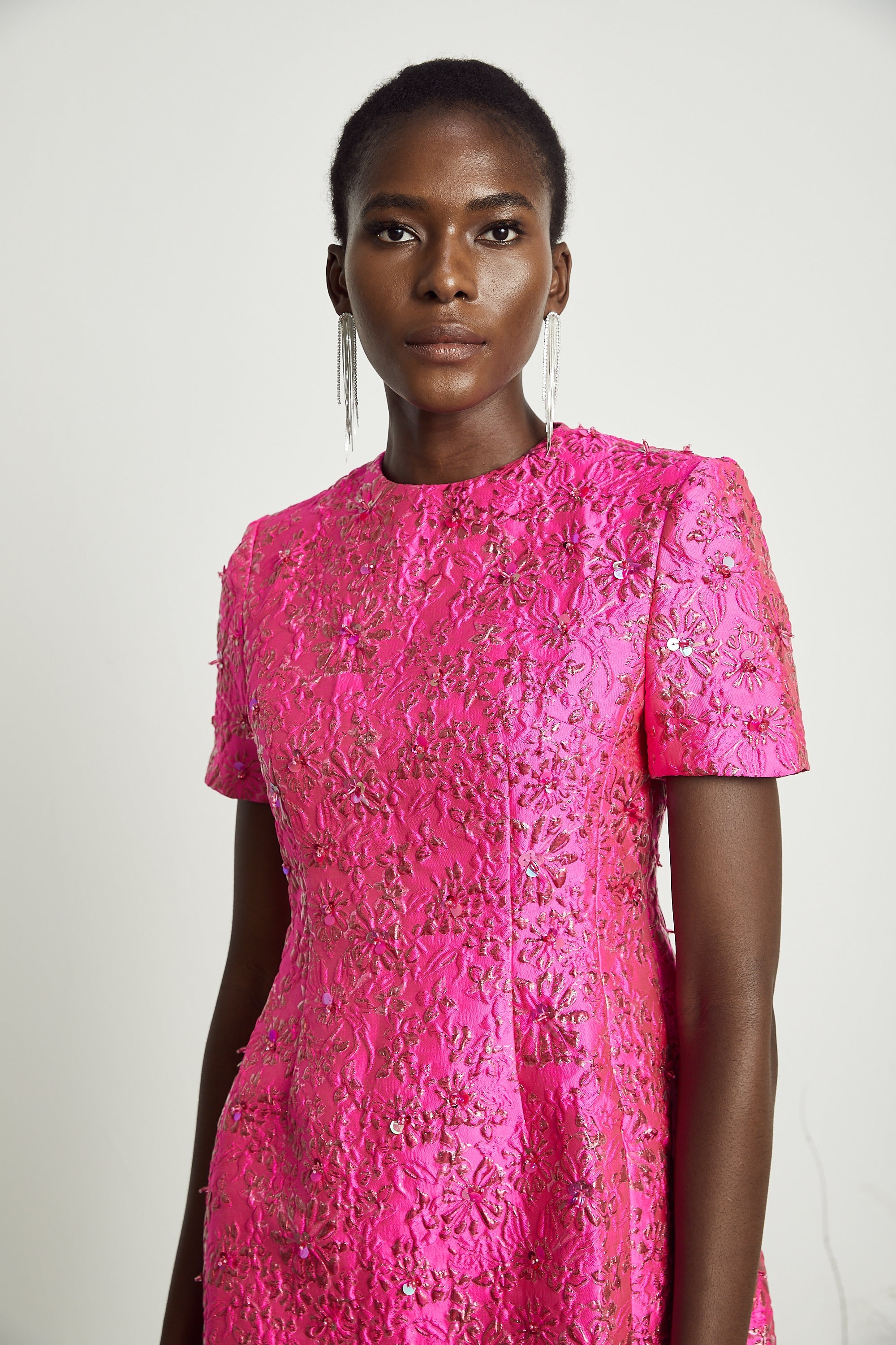 Celestia Floral-Appliqué Embellished Mini Dress in Pink