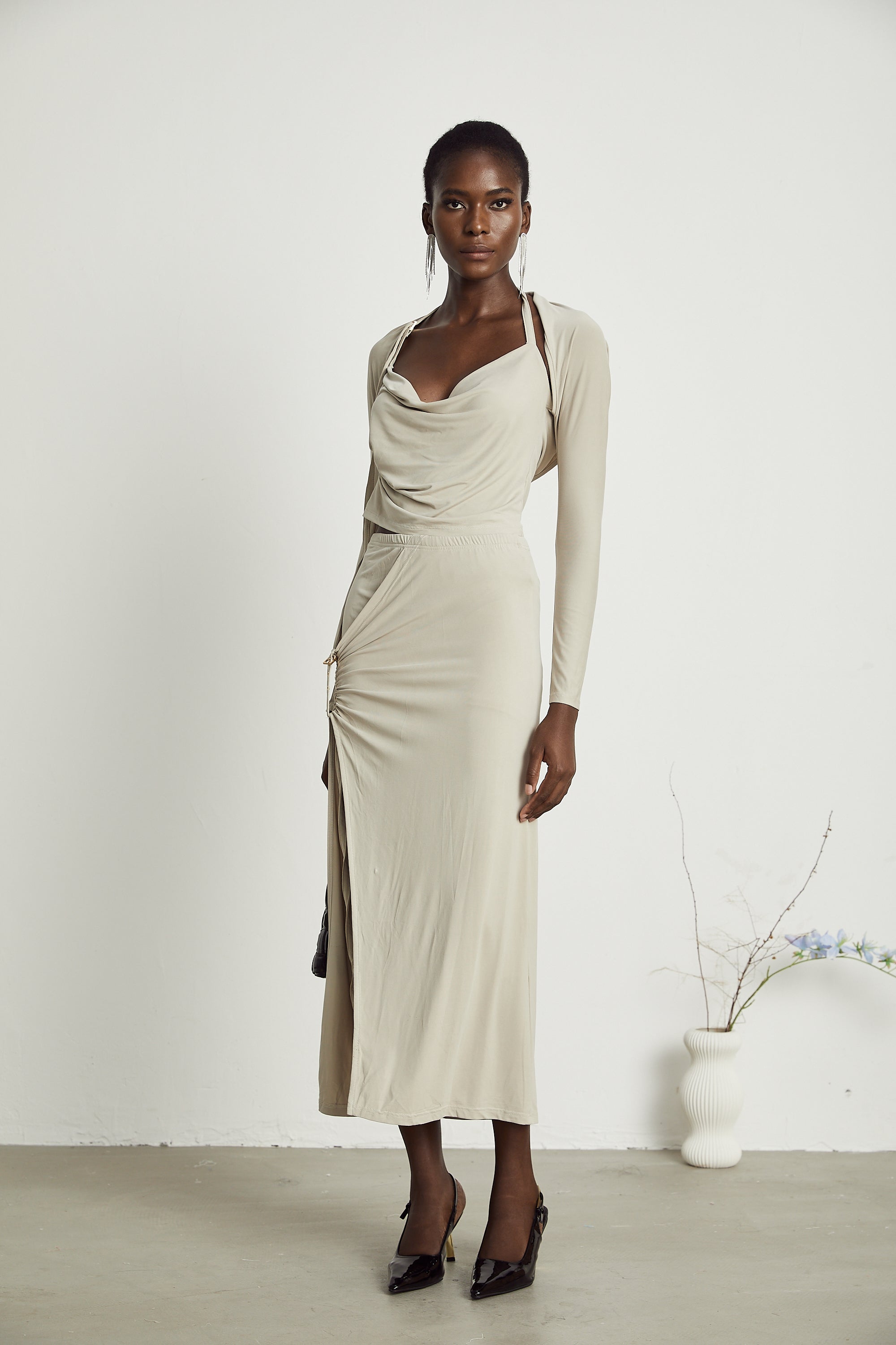 Lanetta khaki jersey top & skirt matching set