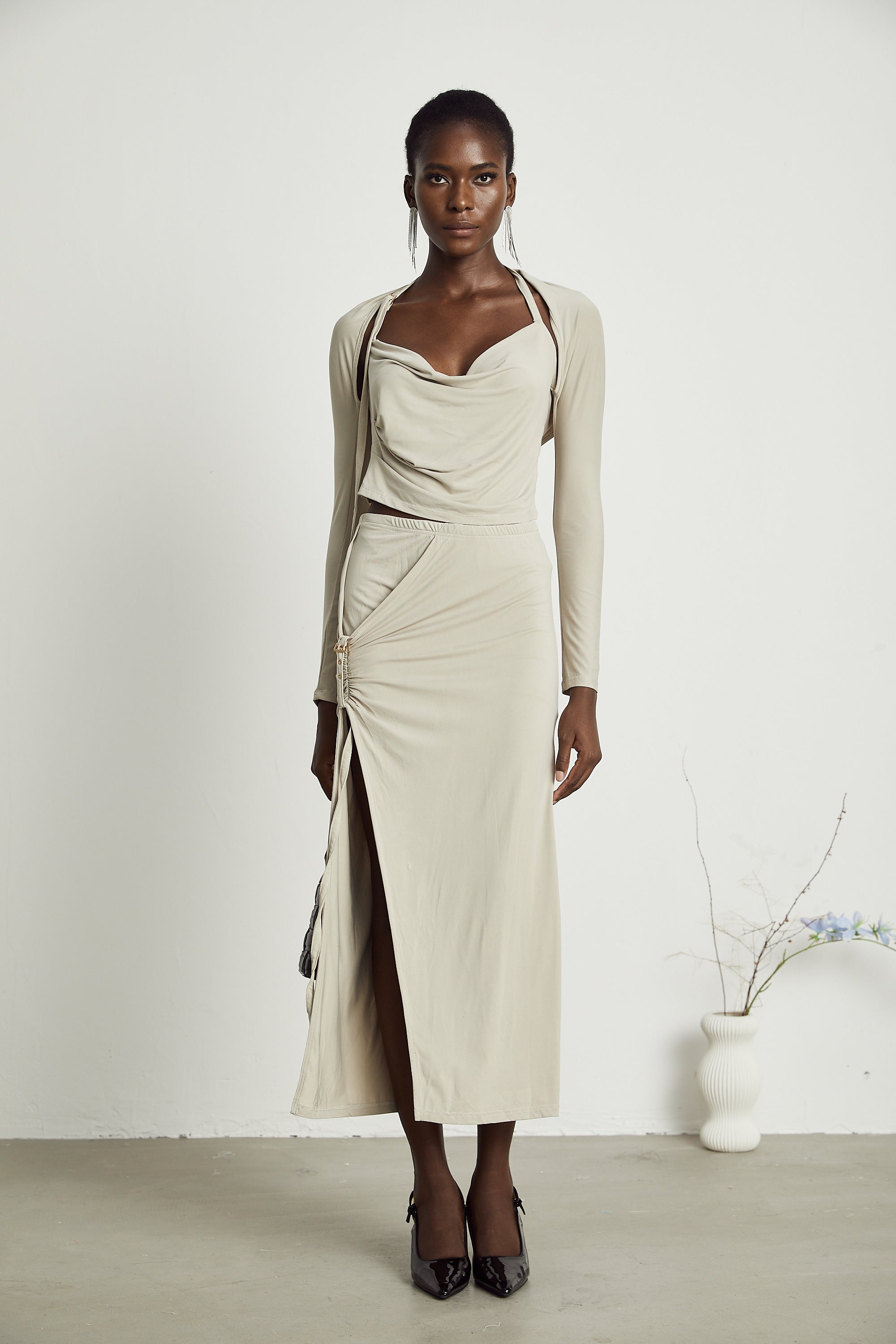 Lanetta khaki jersey top & skirt matching set (Final Sale-US Only)