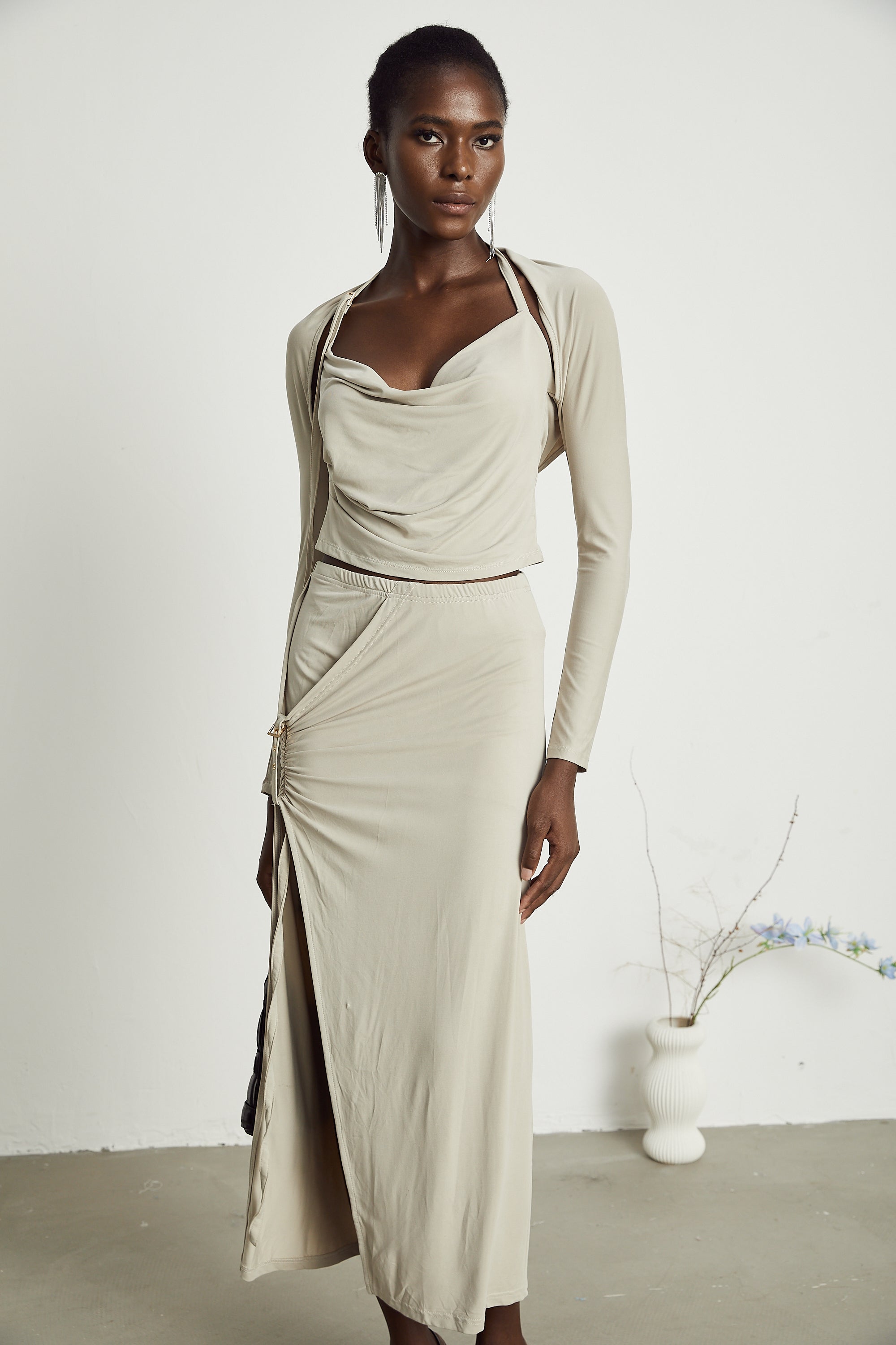 Lanetta khaki jersey top & skirt matching set