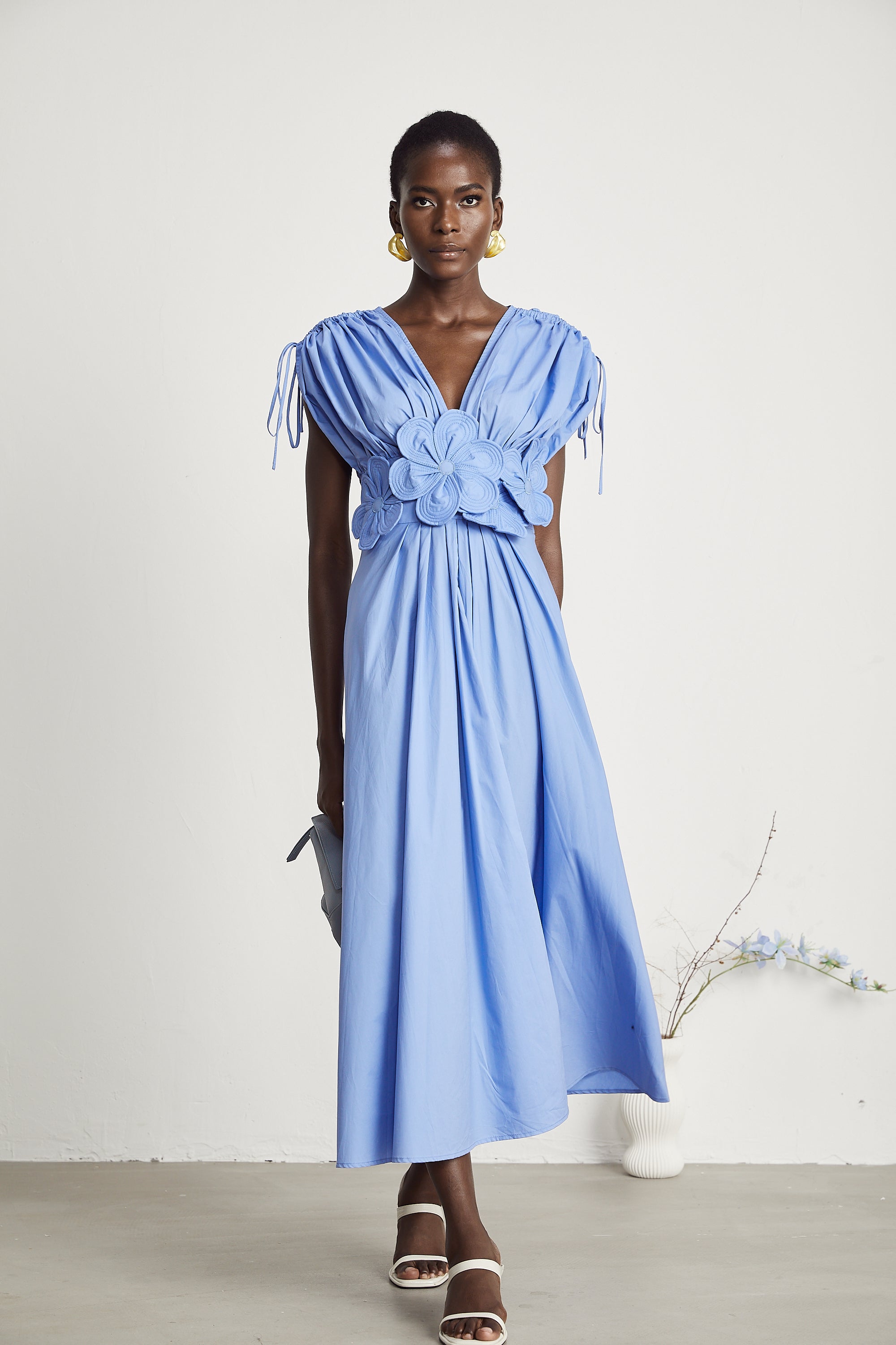 Emma petal-detail drawstring maxi dress in Blue (Final Sale-US Only)