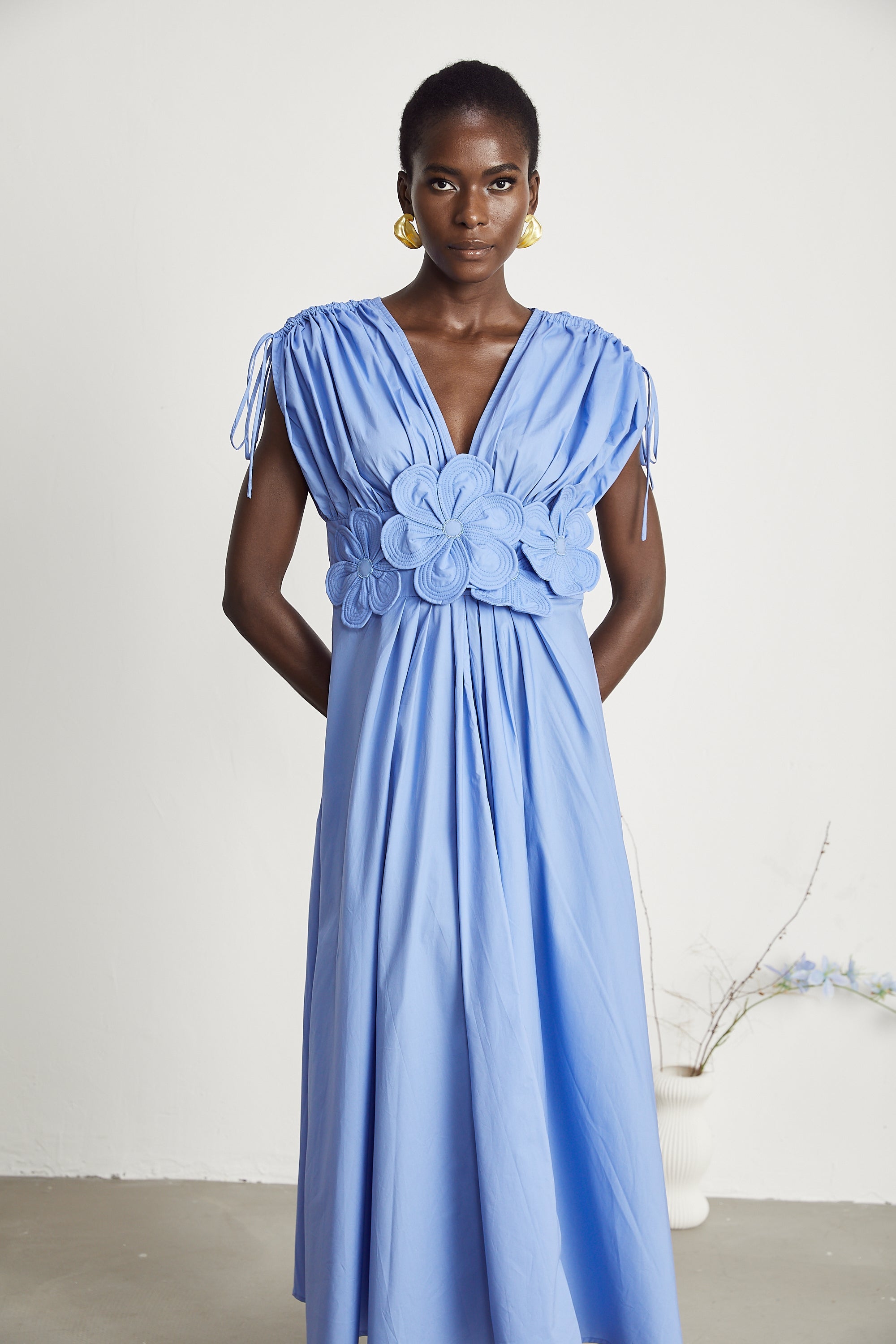 Emma petal-detail drawstring maxi dress in Blue (Final Sale-US Only)