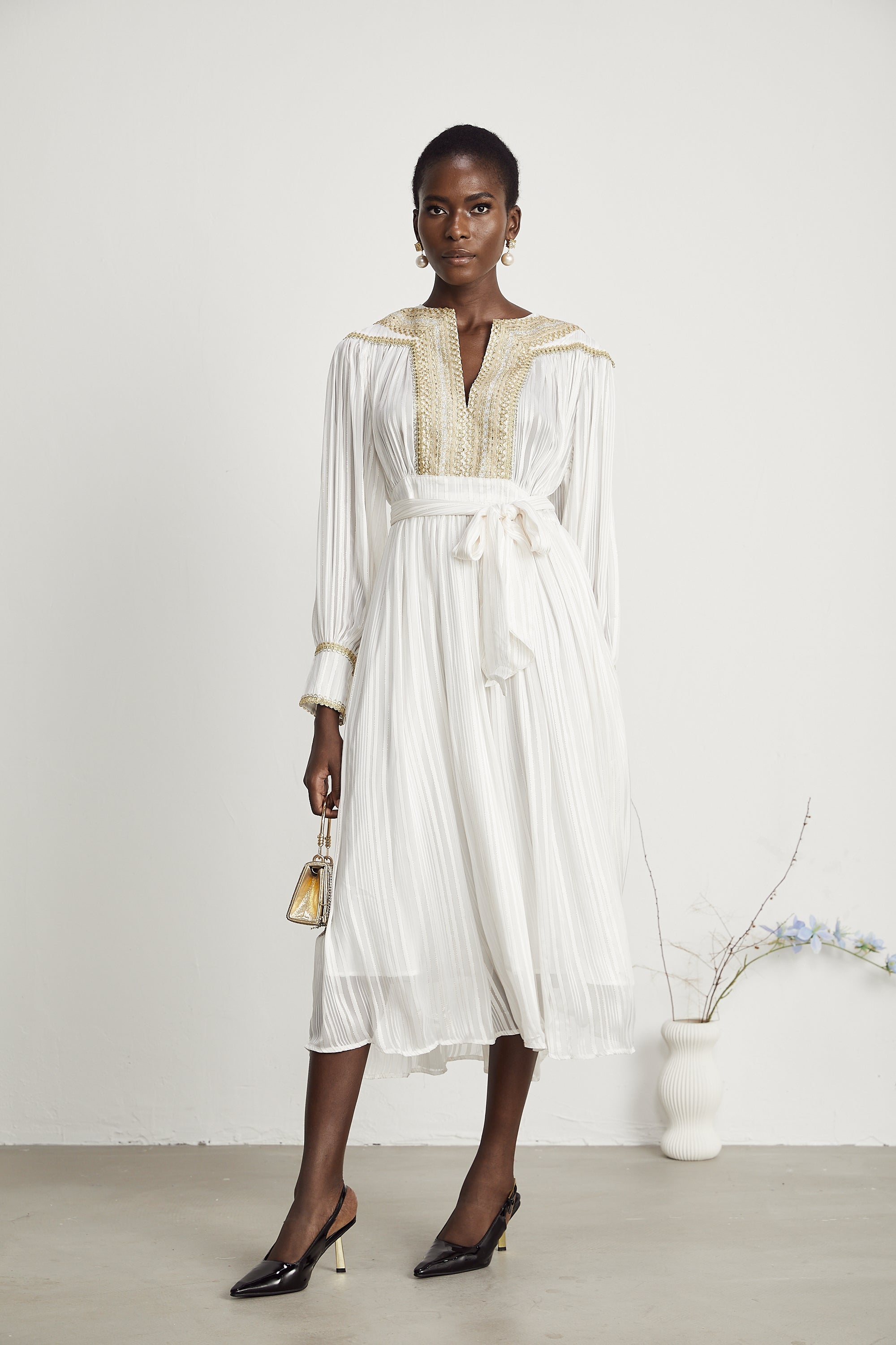 Élodie gold-trim pleated midi dress (US Only)