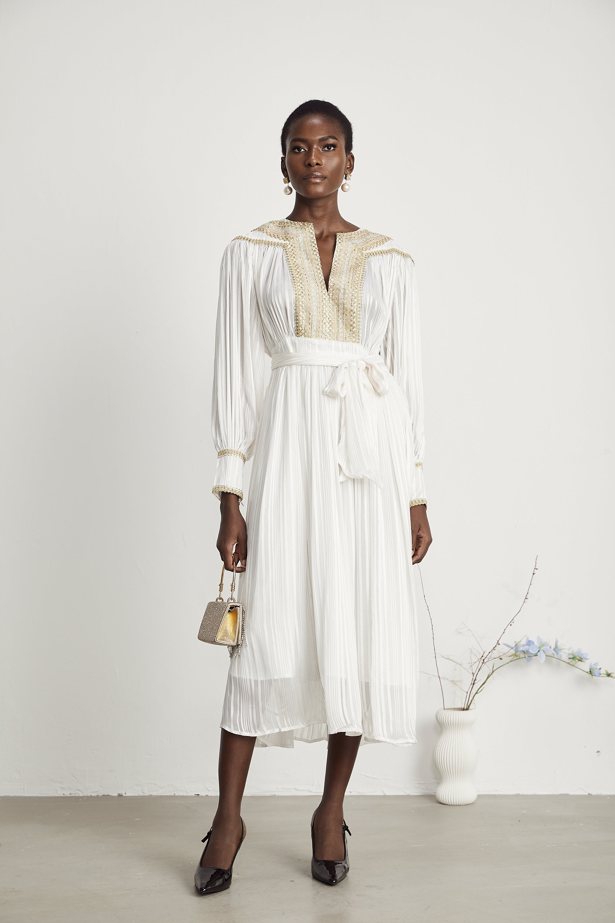 Élodie gold-trim pleated midi dress (US Only)