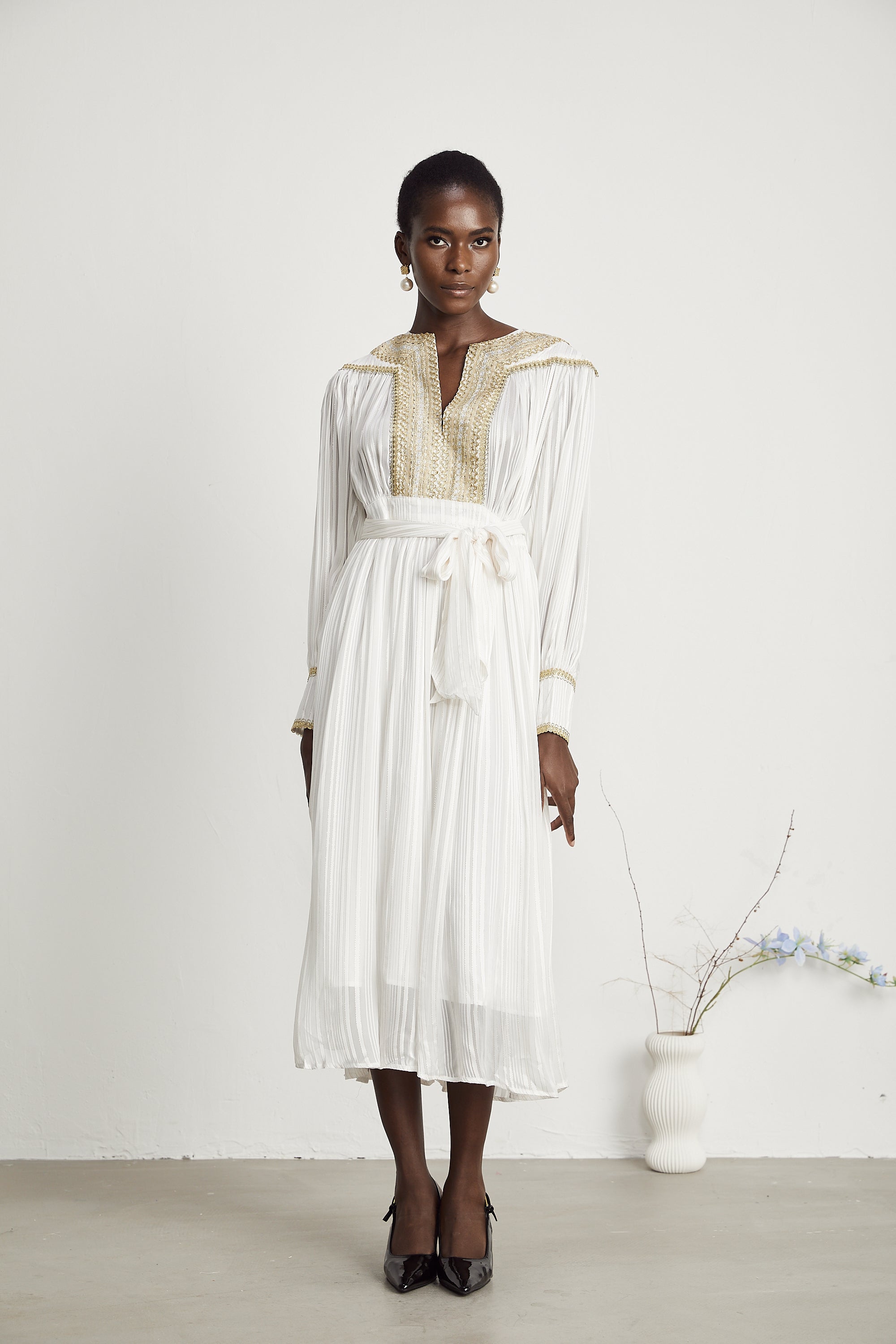 Élodie gold-trim pleated midi dress (US Only)