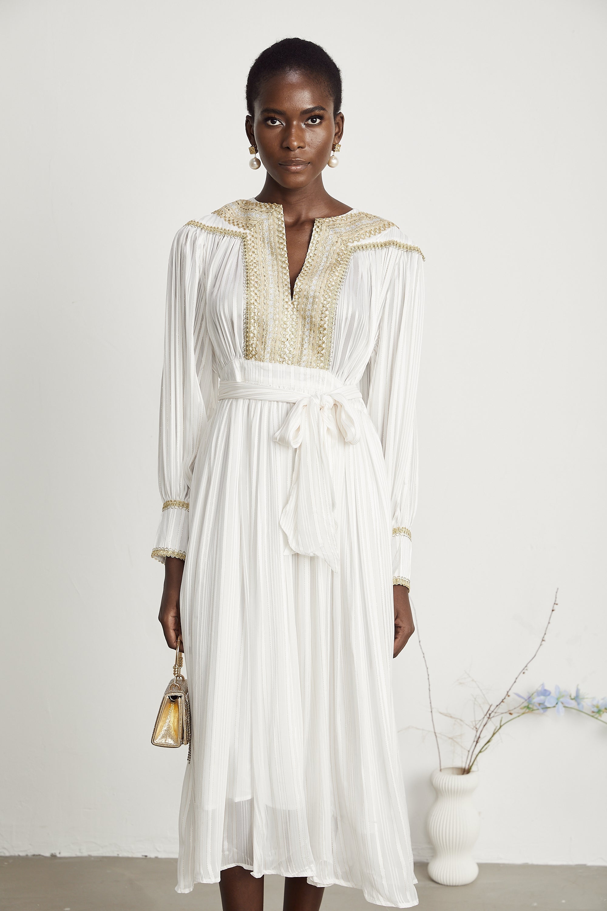 Élodie gold-trim pleated midi dress (US Only)