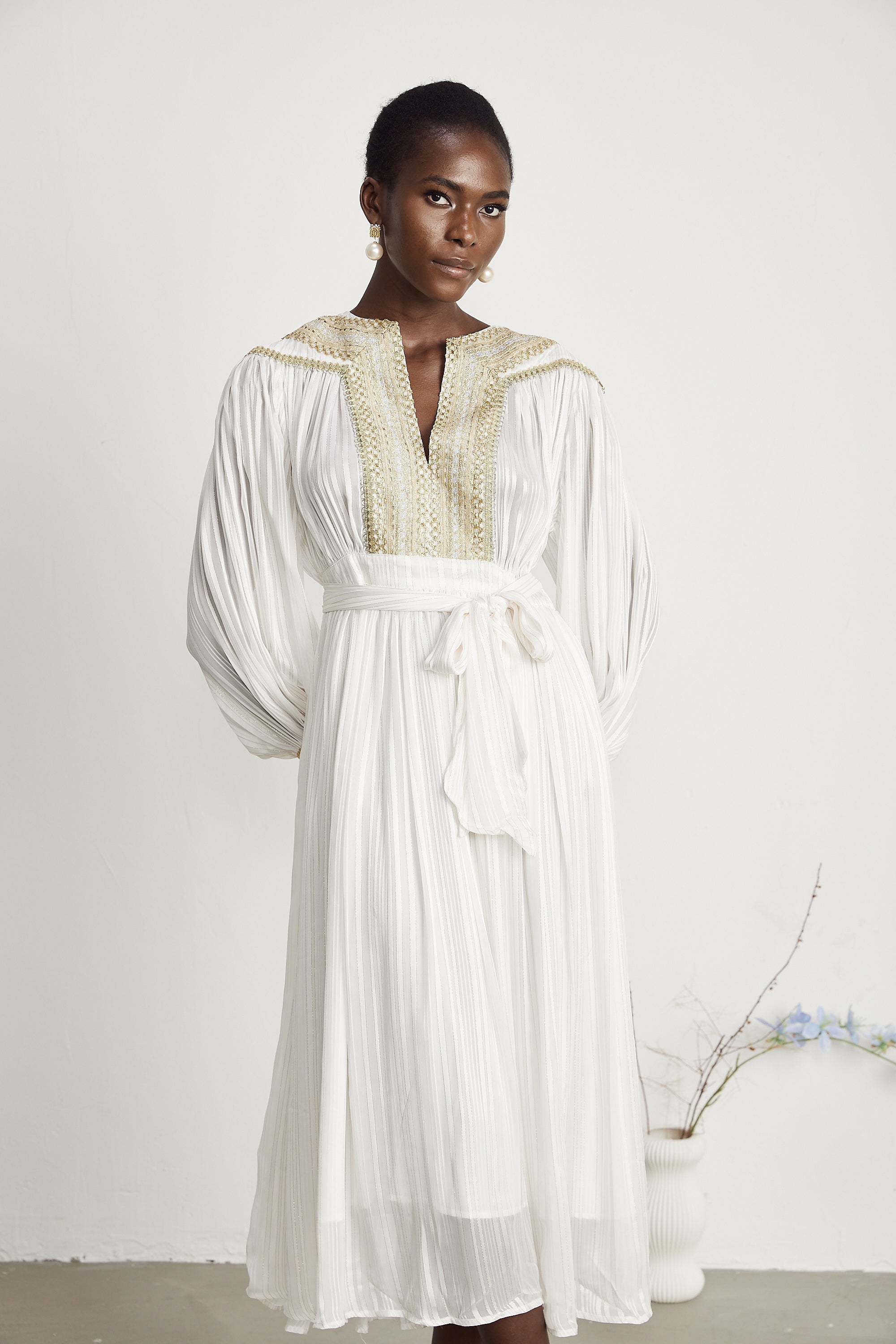 Élodie gold-trim pleated midi dress (US Only)