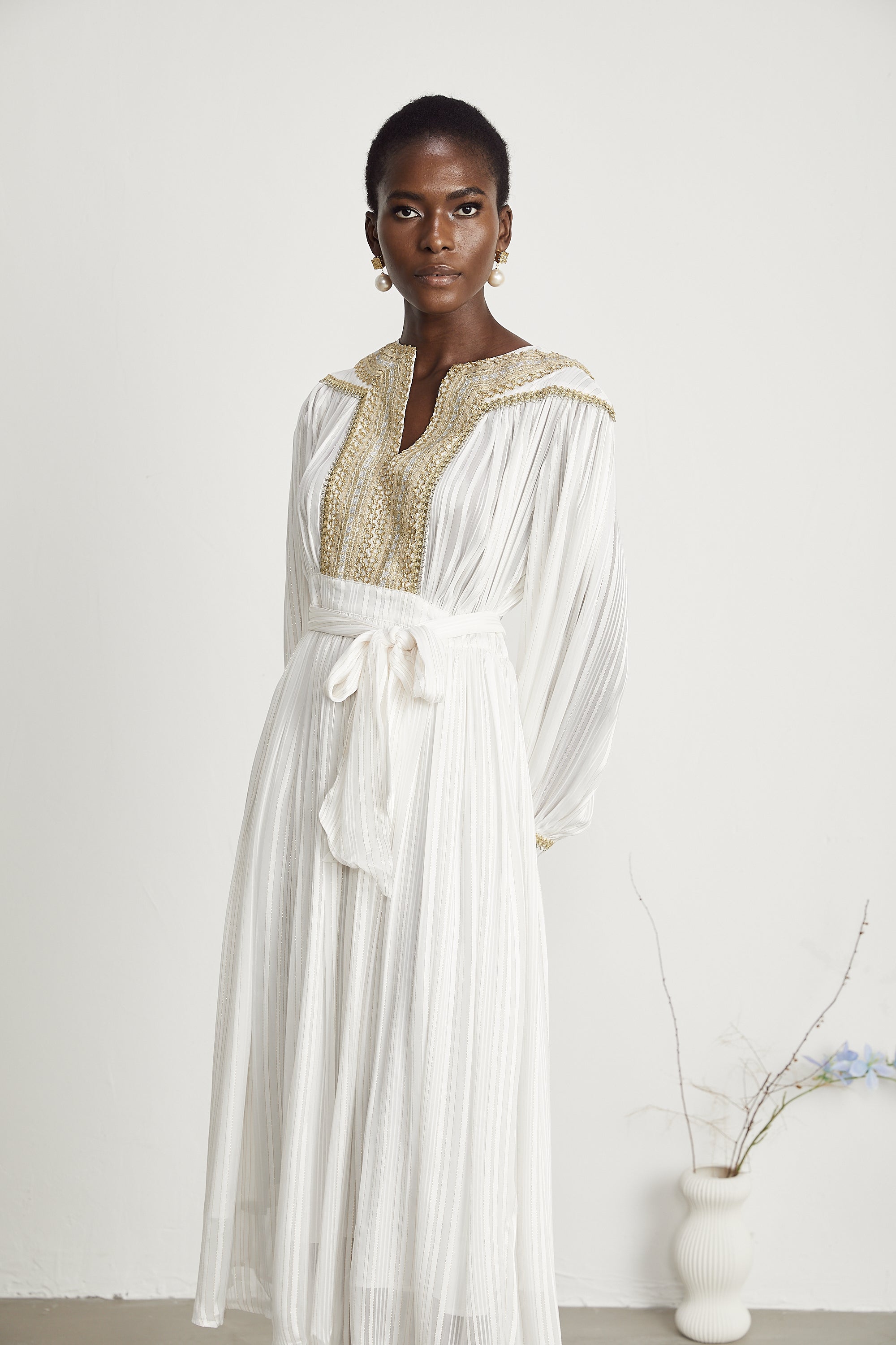 Élodie gold-trim pleated midi dress (US Only)
