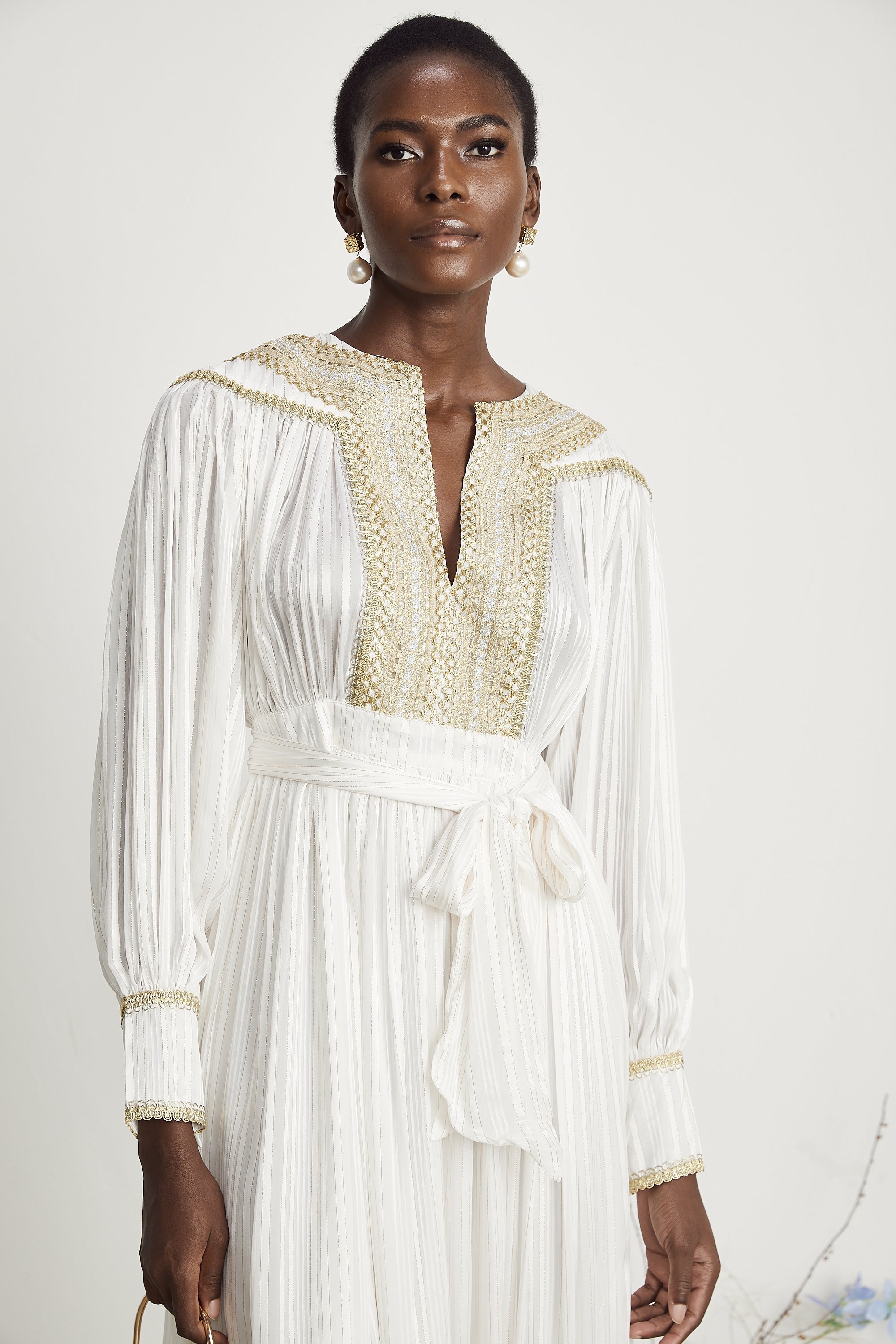 Élodie gold-trim pleated midi dress (US Only)