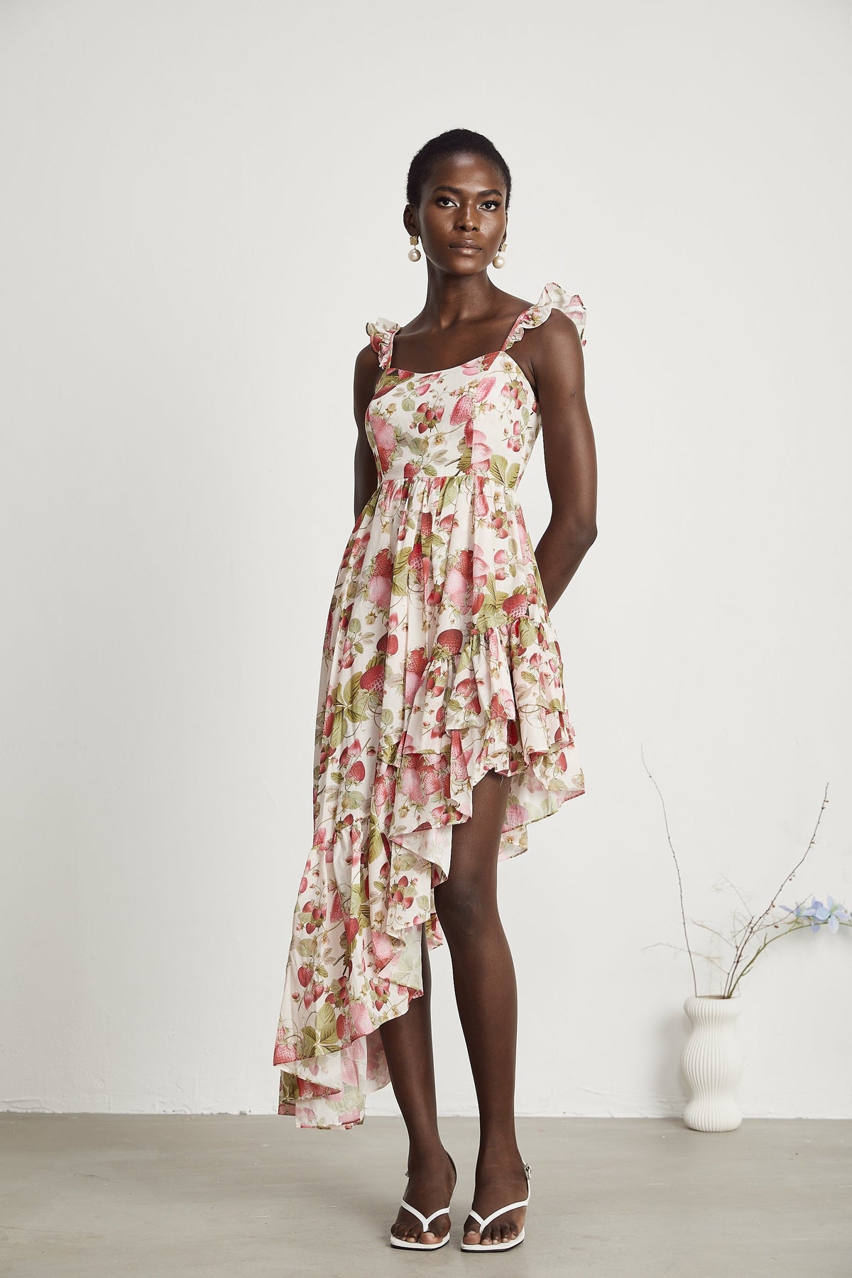 Vivien strawberry-print asymmetrical midi dress