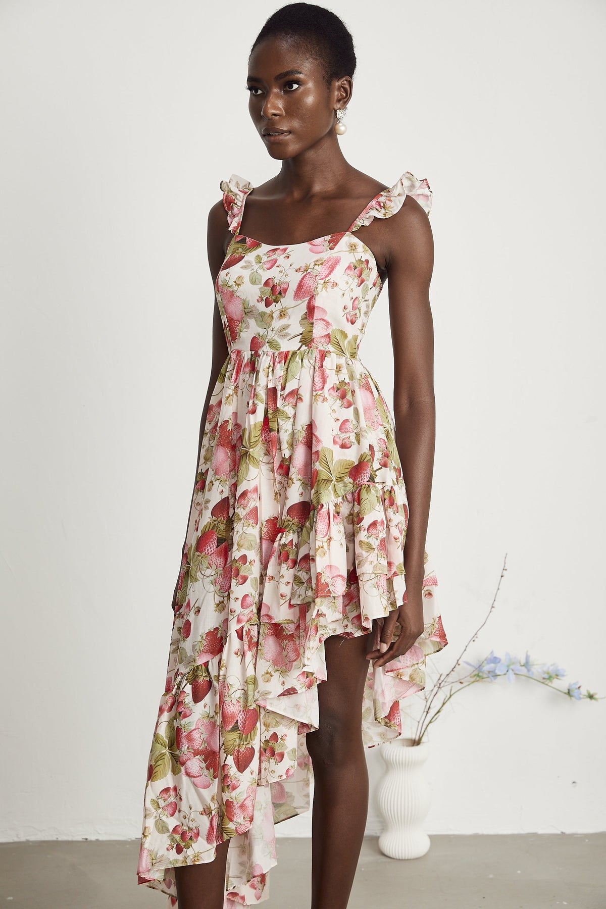 Vivien strawberry-print asymmetrical midi dress