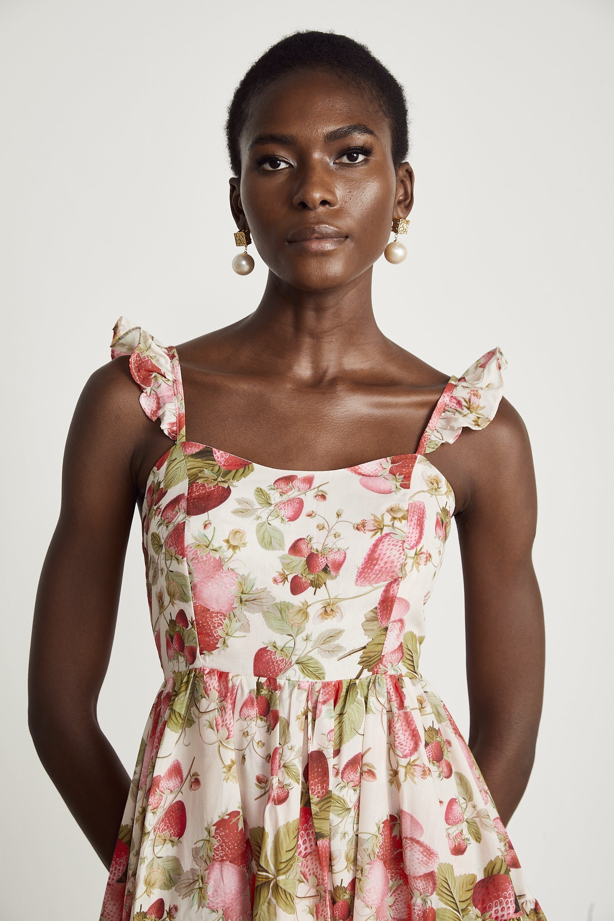 Vivien strawberry-print asymmetrical midi dress