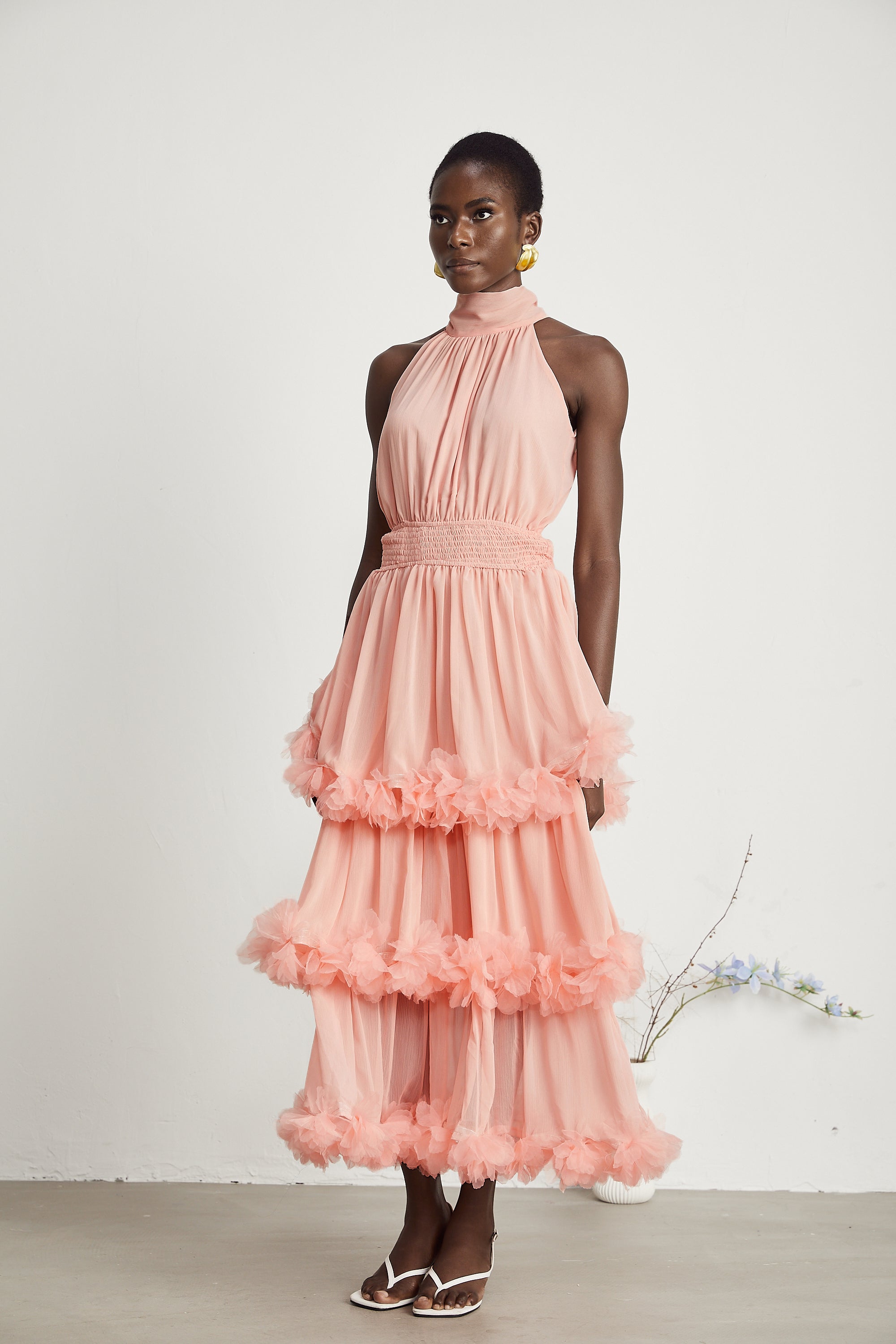 Micah pink 3D-petal tiered midi dress (Final Sale)