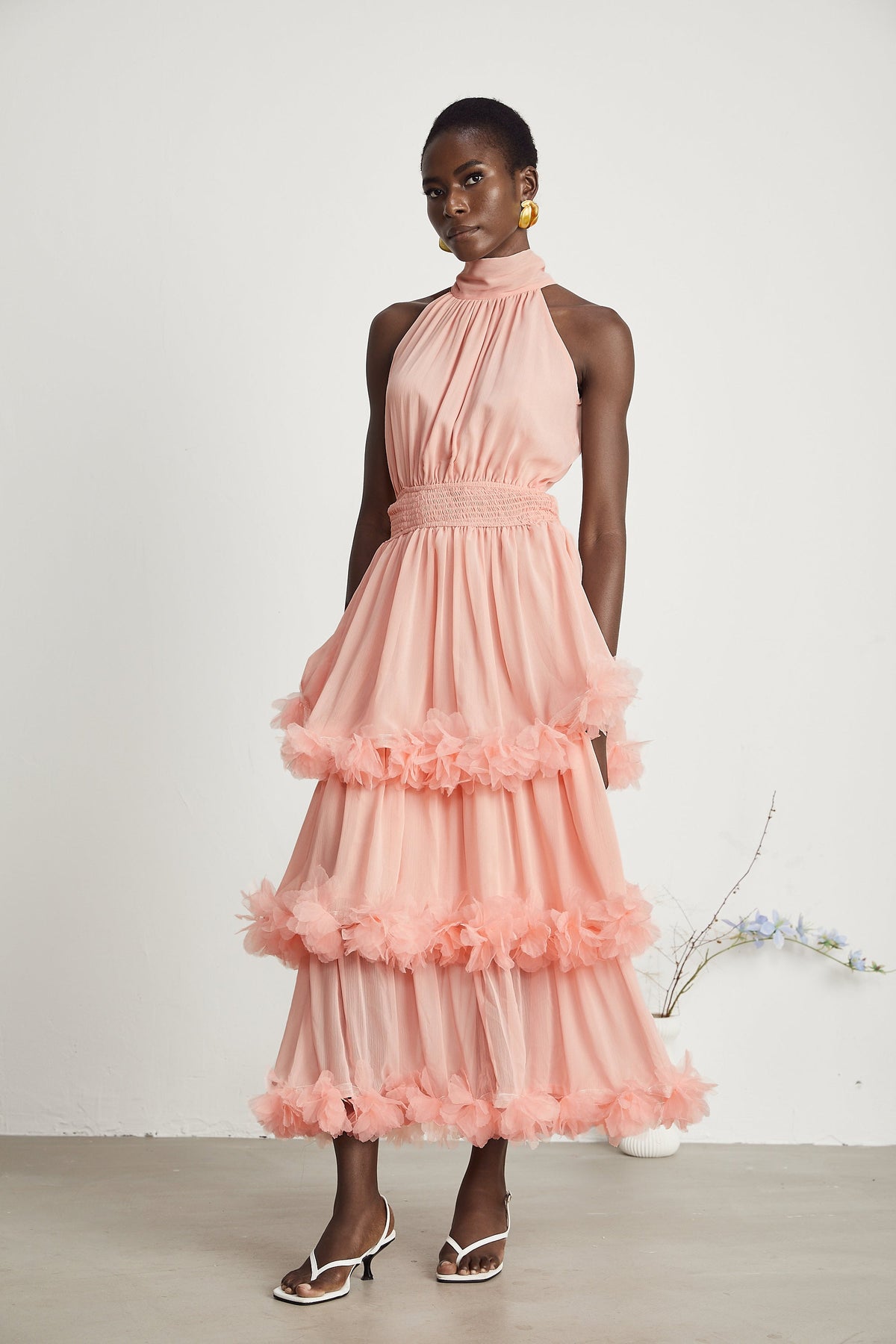 Micah pink 3D-petal tiered midi dress (Final Sale)
