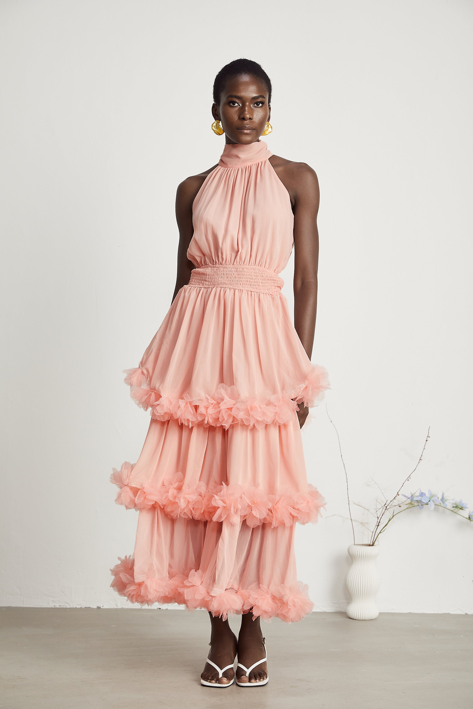 Micah pink 3D-petal tiered midi dress (Final Sale)