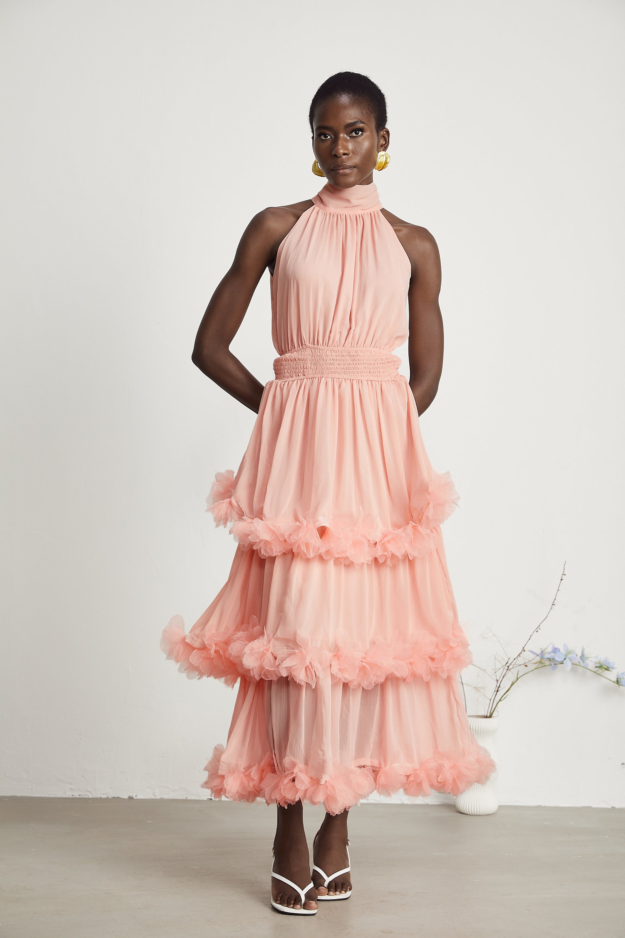 Micah pink 3D-petal tiered midi dress (Final Sale)