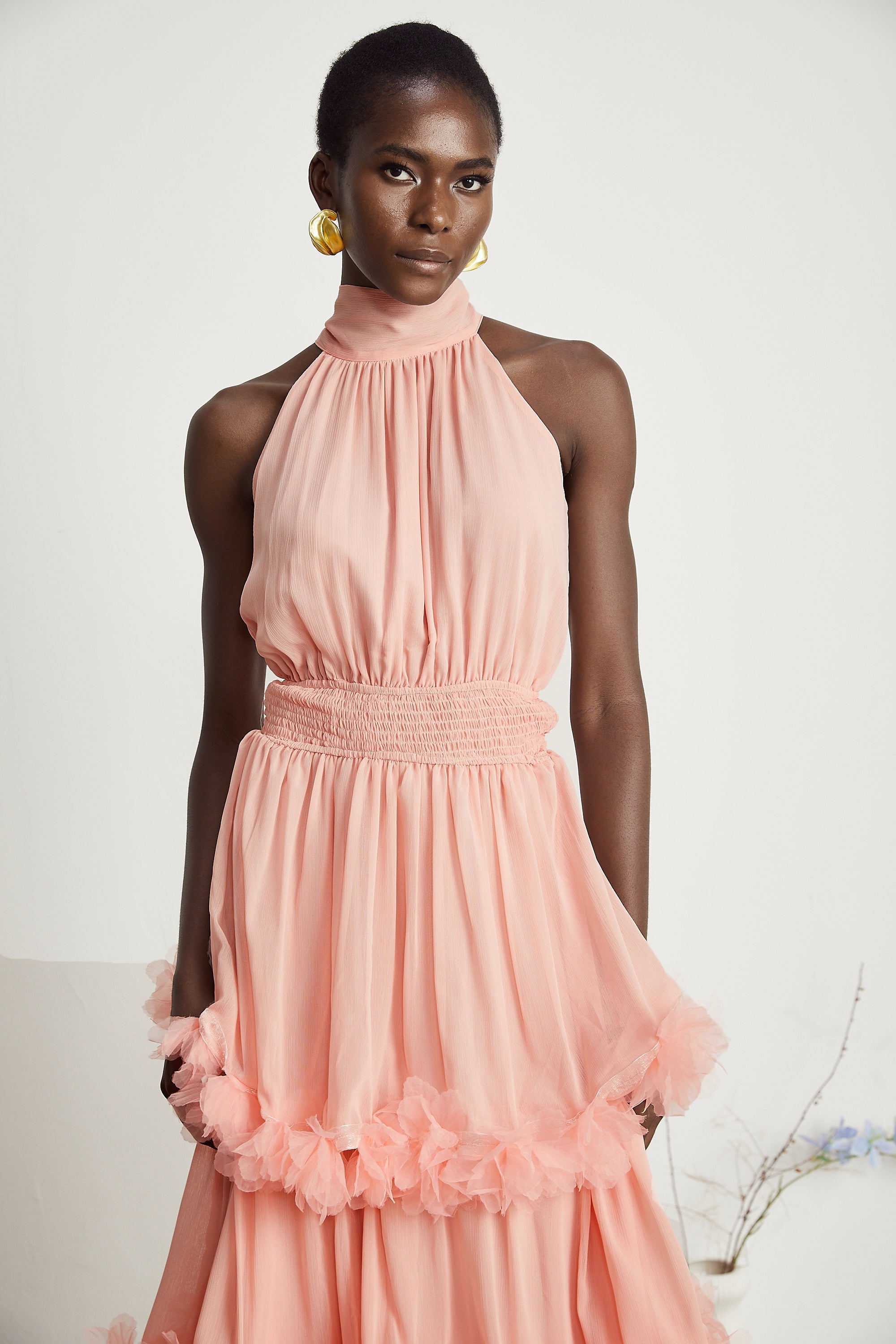 Micah pink 3D-petal tiered midi dress (Final Sale)